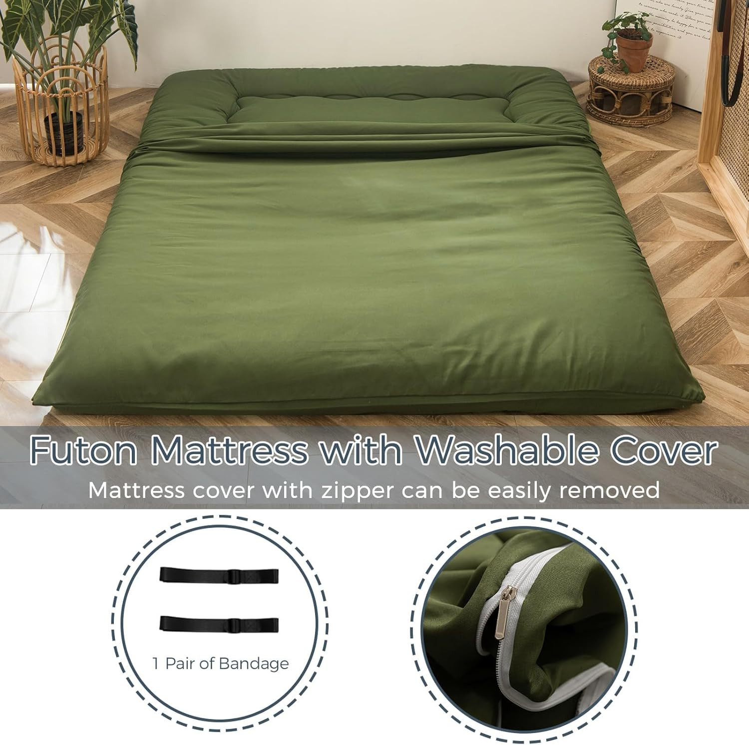 6″ Extra Thick Japanese Foldable Tatami Pad Mattress for Adults & Guests, Olive