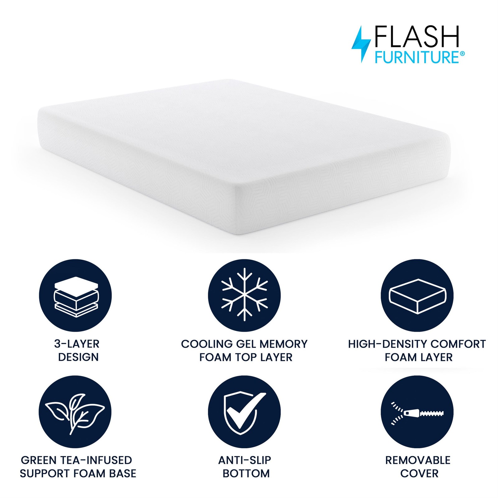 Green Tea Cooling Gel 3-Layer Memory Foam Queen 10″ Cooling Mattress in a Box