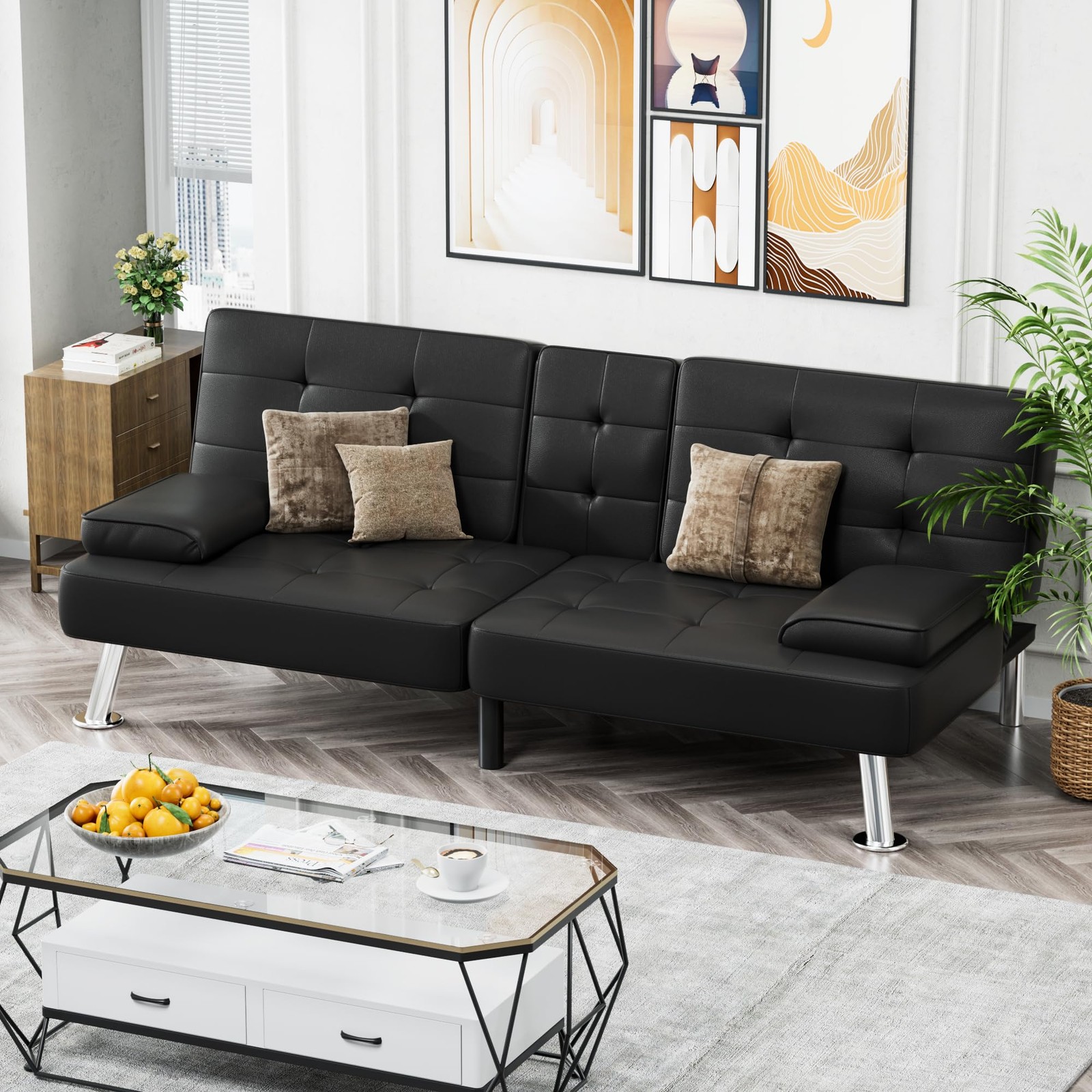 Homall Futon Sofa Bed, Leather 65 inches x 30.7 x 28 inches, Black