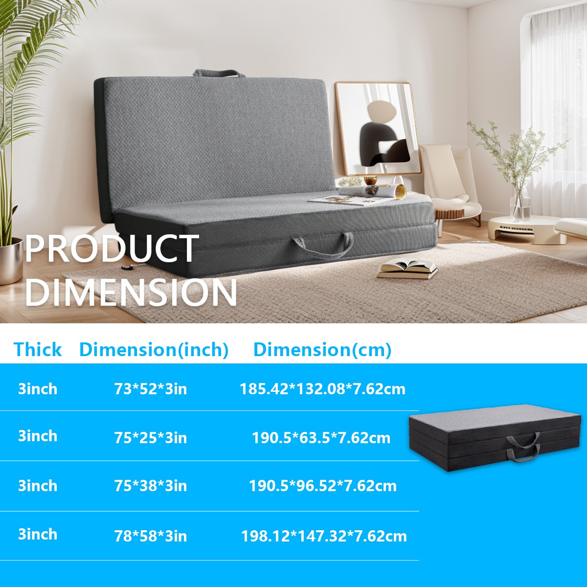 Portable 4/6Inch Folding Mattress Topper with Machine Washable Corduroy Cover