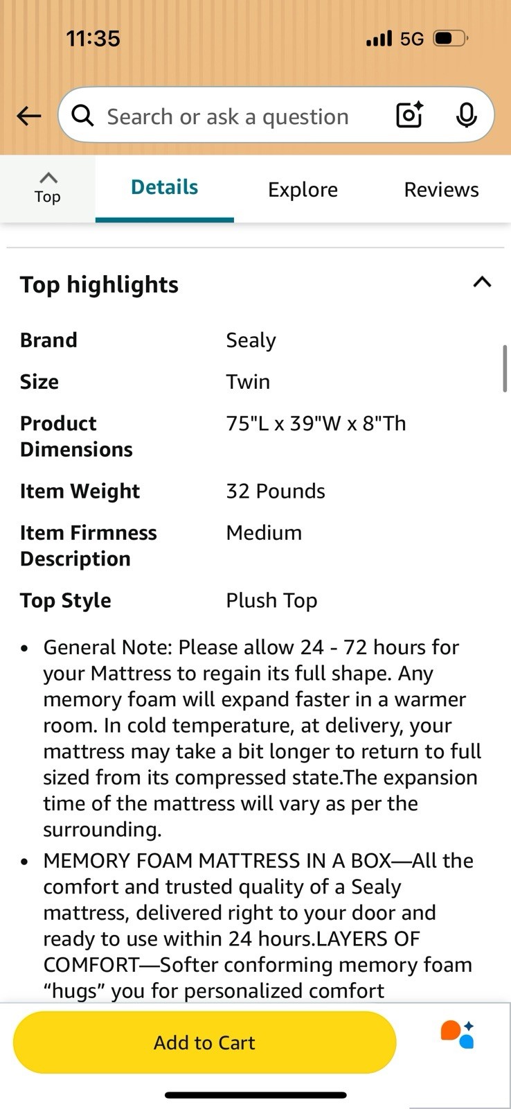 Sealy 8″ Medium-Firm Memory Foam Mattress w/CopperChill Technology, Twin, White