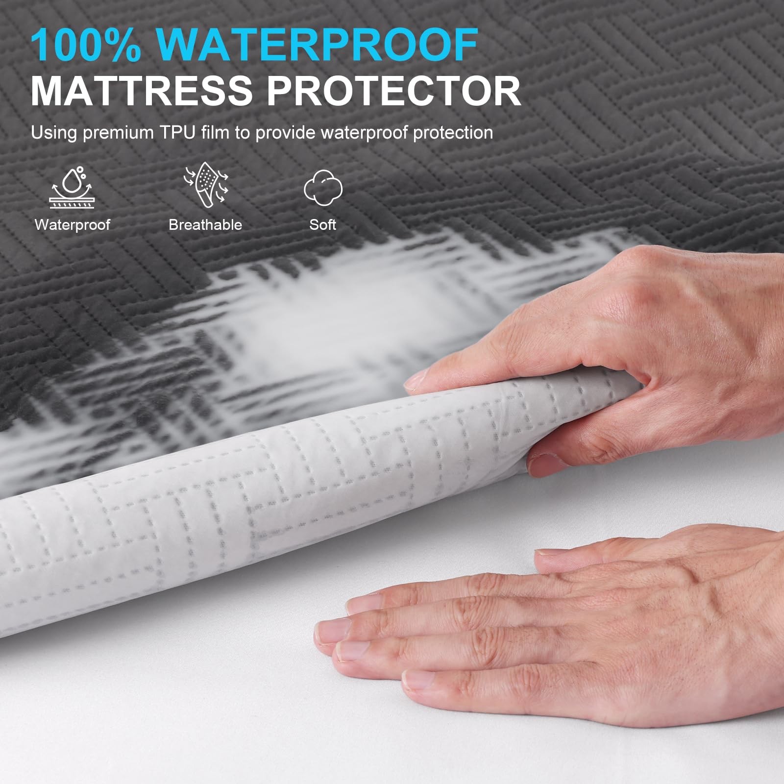 GOPOONY Waterproof Mattress Protector Queen Size – Breathable, Queen, Gray