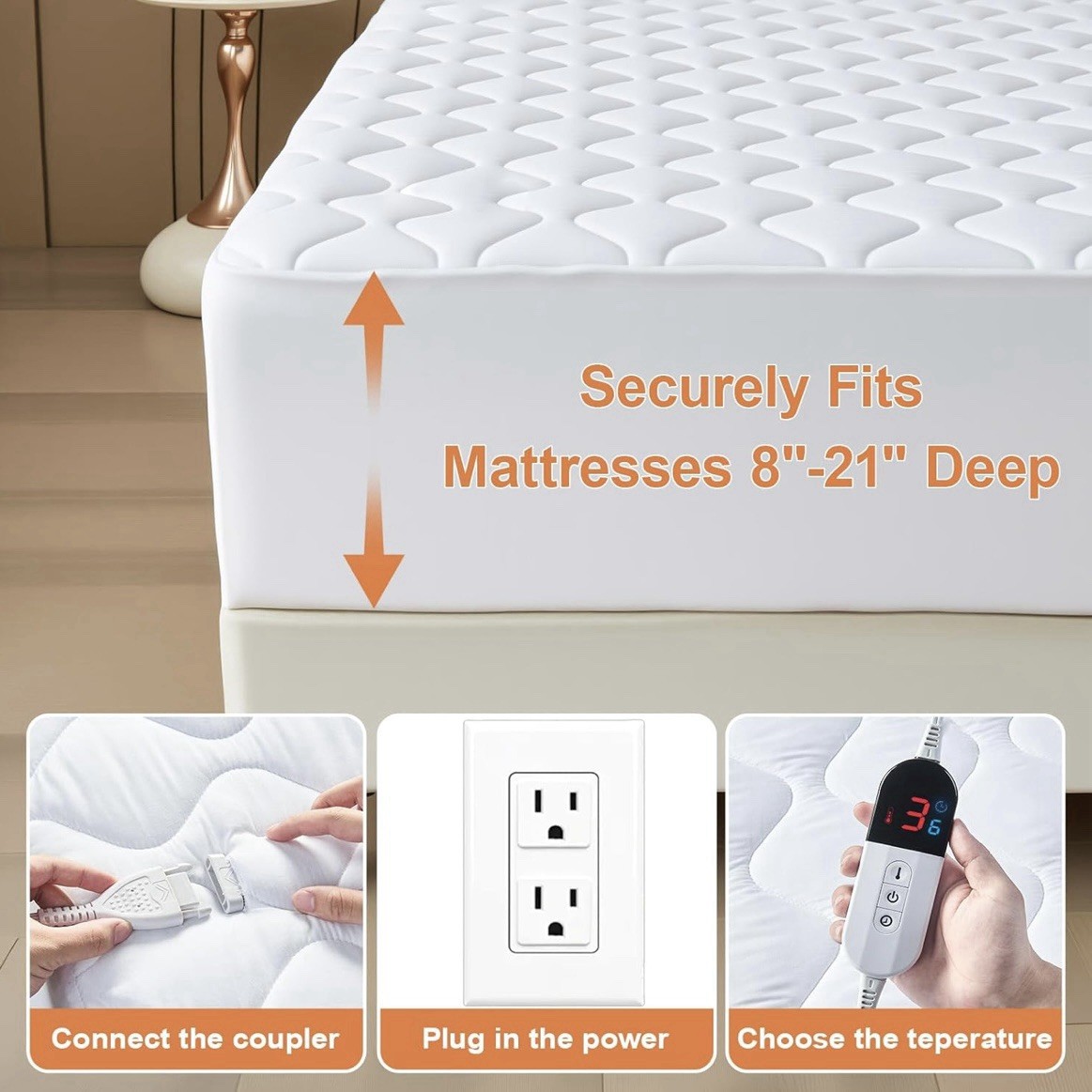 King Heated Mattress Pad Dual Control 6 Heat Bed Warmer Deep Pocket 21”