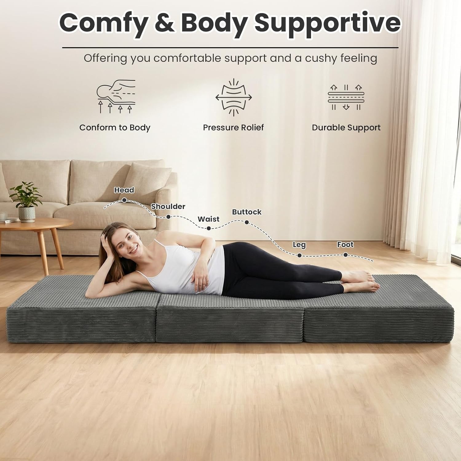 Folding Mattress Queen Size Trifold Mattress 6 inch Foldable Futon Sofa Bed W/
