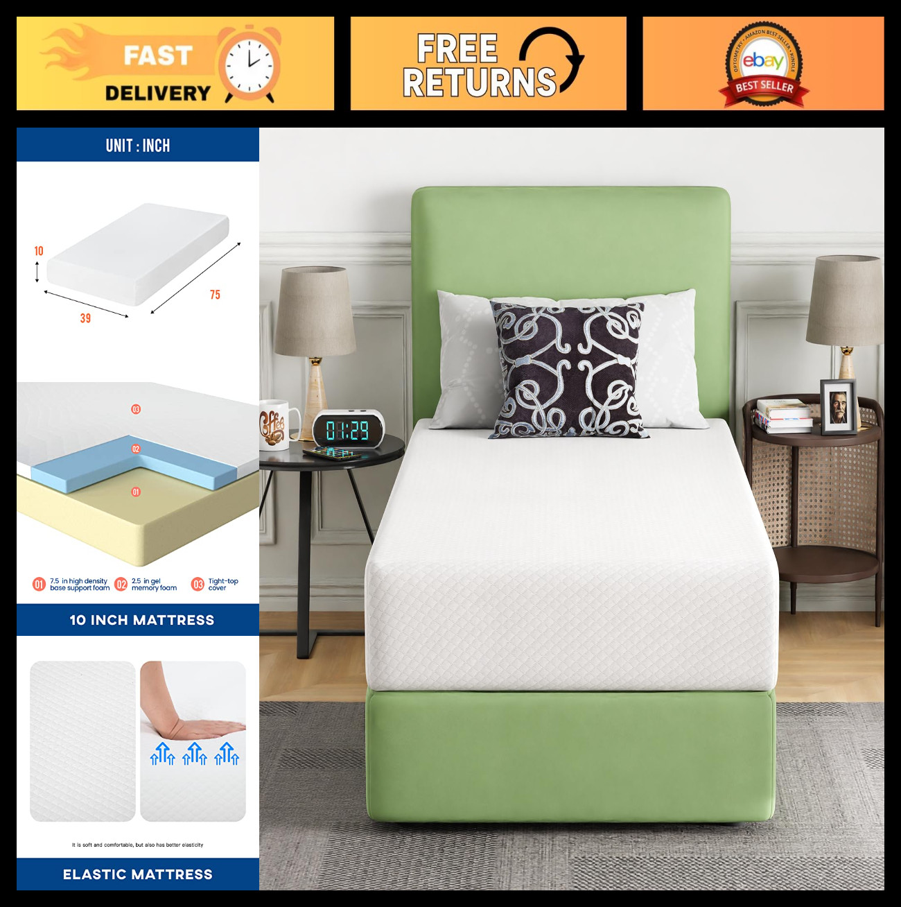 10″ Twin Gel Memory Foam Mattress – Medium Firm, Pressure Relief, Cooling, Washa