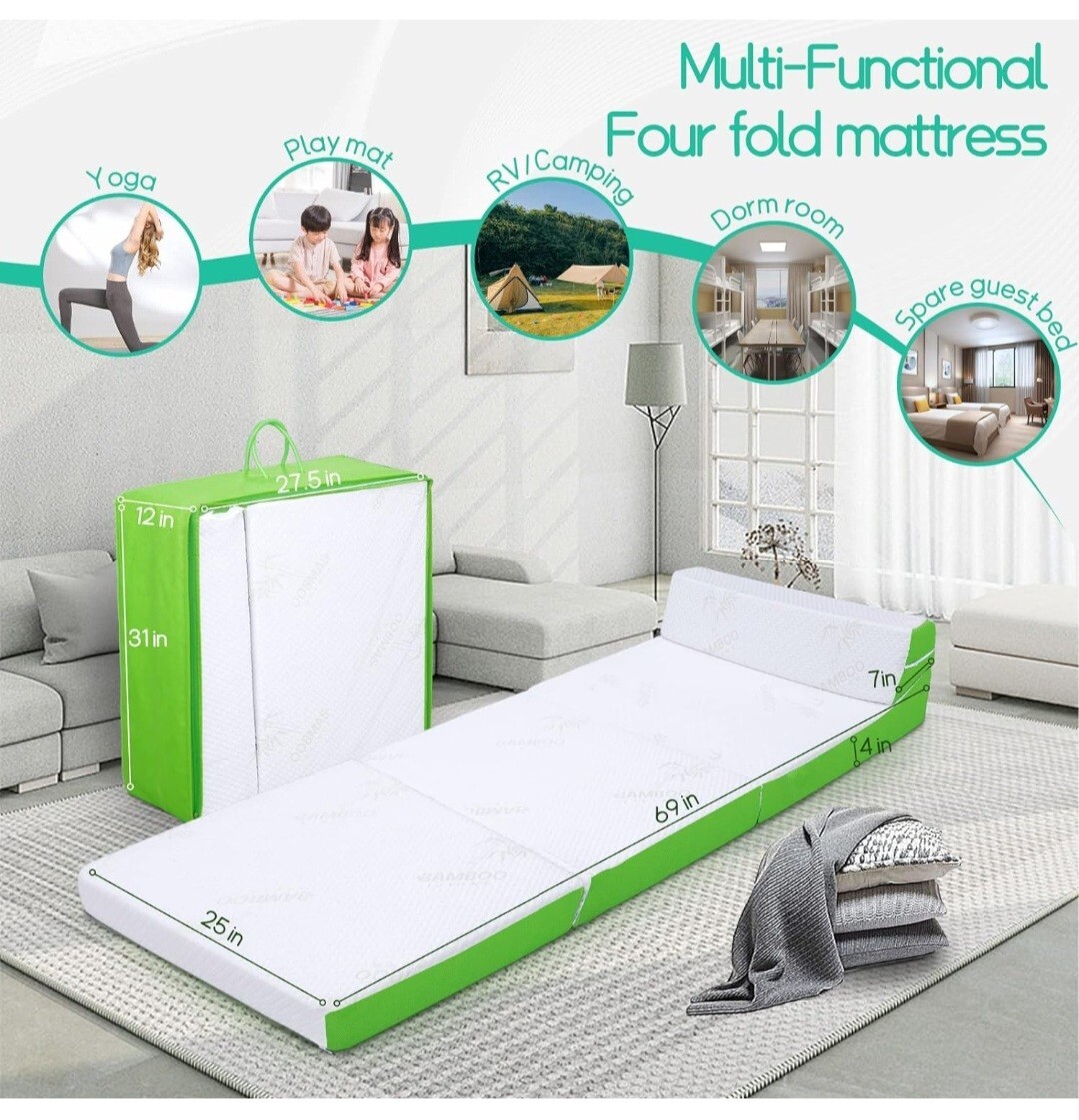 CHxxy Foldable Mattress with Pillow- 4 Inch Memory Foam Tri-fold for Adults&K…