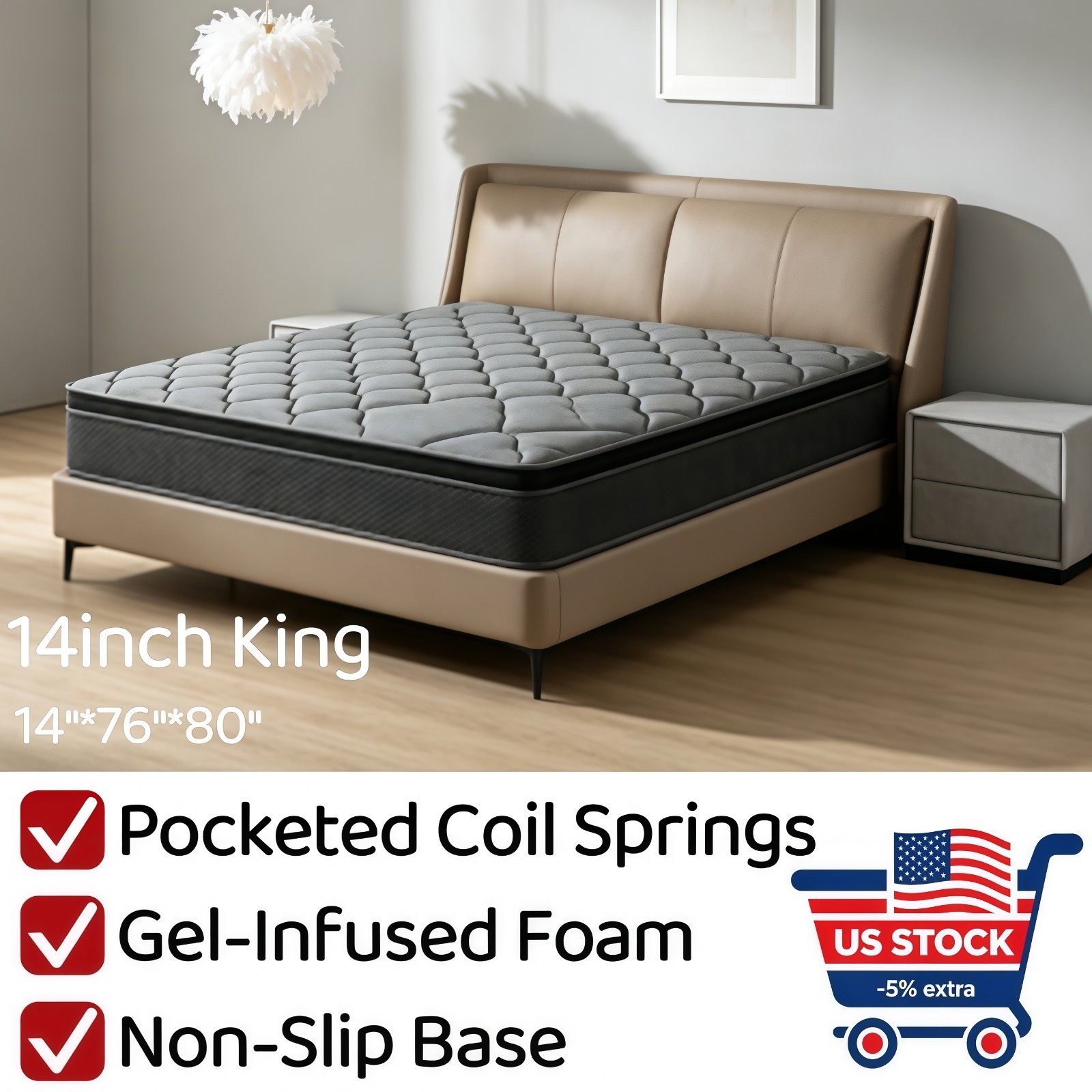 14 inch Gel Memory Foam Mattress Hybrid Pocket Spring King Rolled Bed In A Box