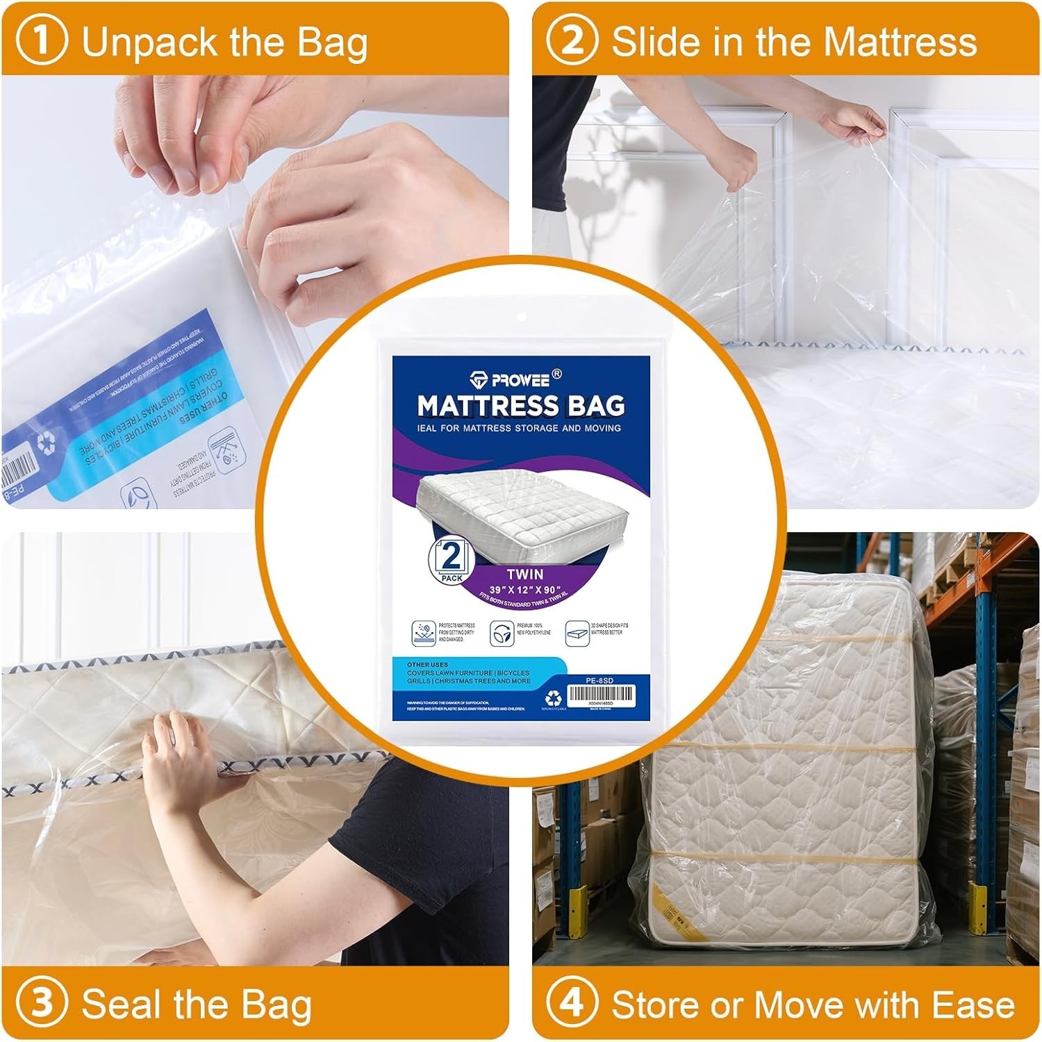 2 PK Twin Mattress Bags for Moving, Waterproof & Tear-Resistant Plastic Mattr…