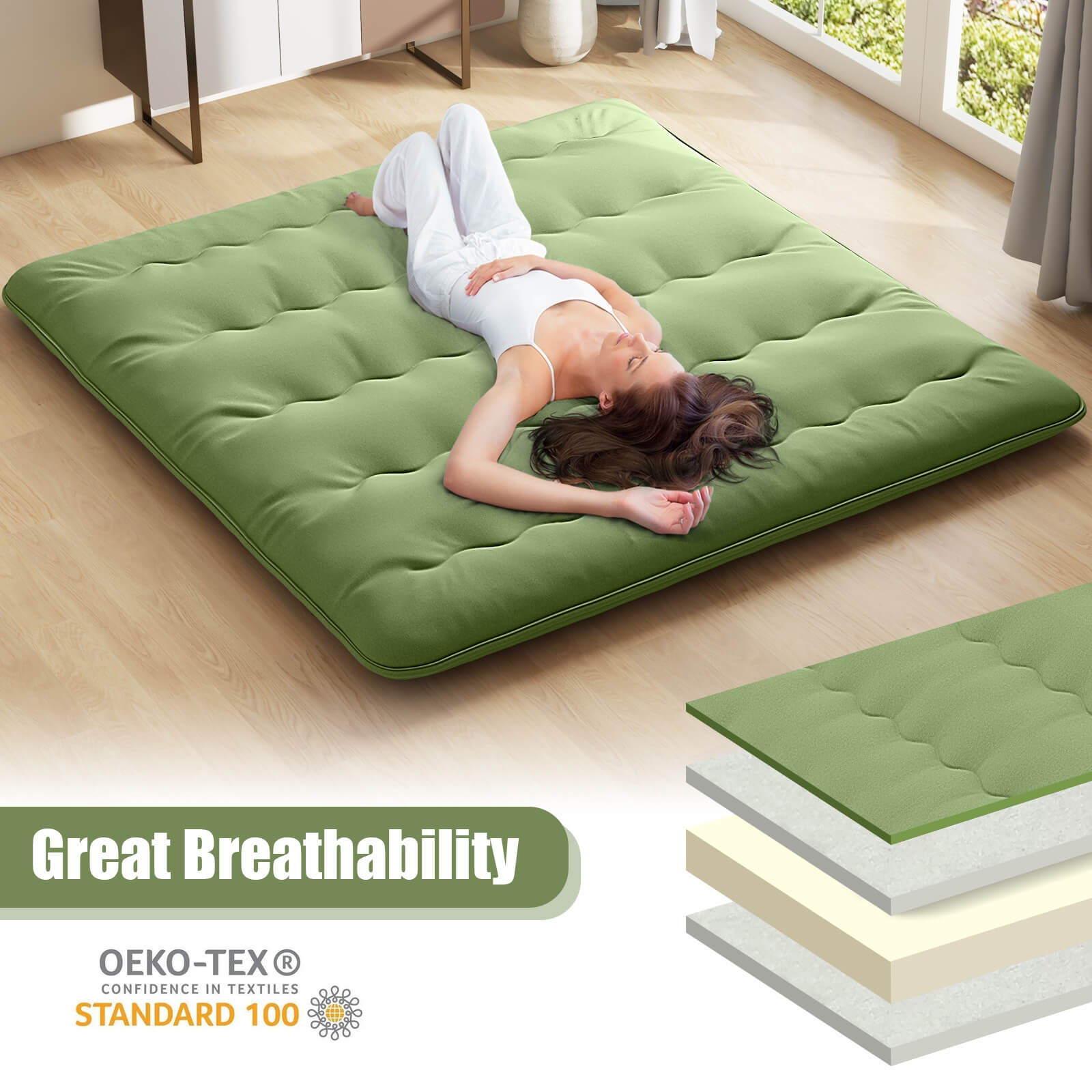 King Futon Mattress Japanese Floor Pad Washable Cover Carry Bag Green