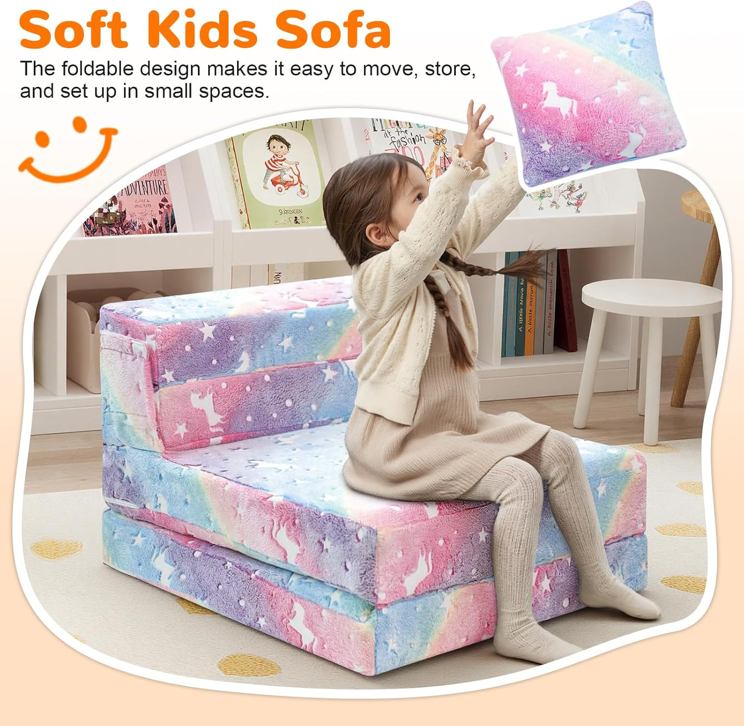 Glow Rainbow Unicorn Tri-Fold Sofa Bed for Kids – Versatile Playroom Furniture