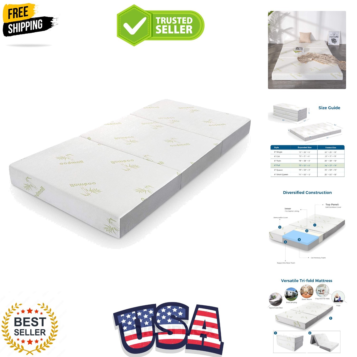 Full Folding Mattress, 6 Inch Trifold Memory Foam Mattress with Ultra Soft Re…