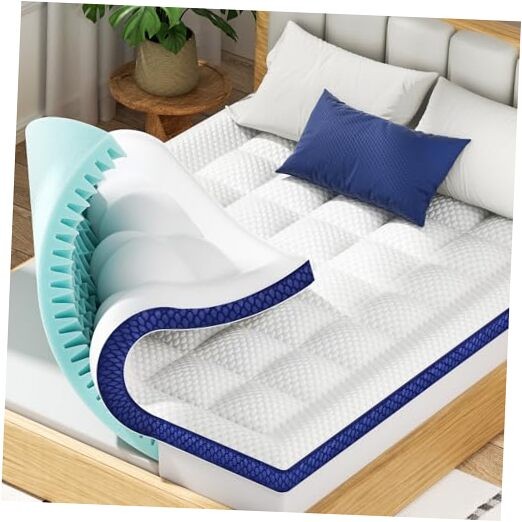 Mattress Topper Dual Layer 4 Inch Memory Foam Mattress Topper, King White-blue