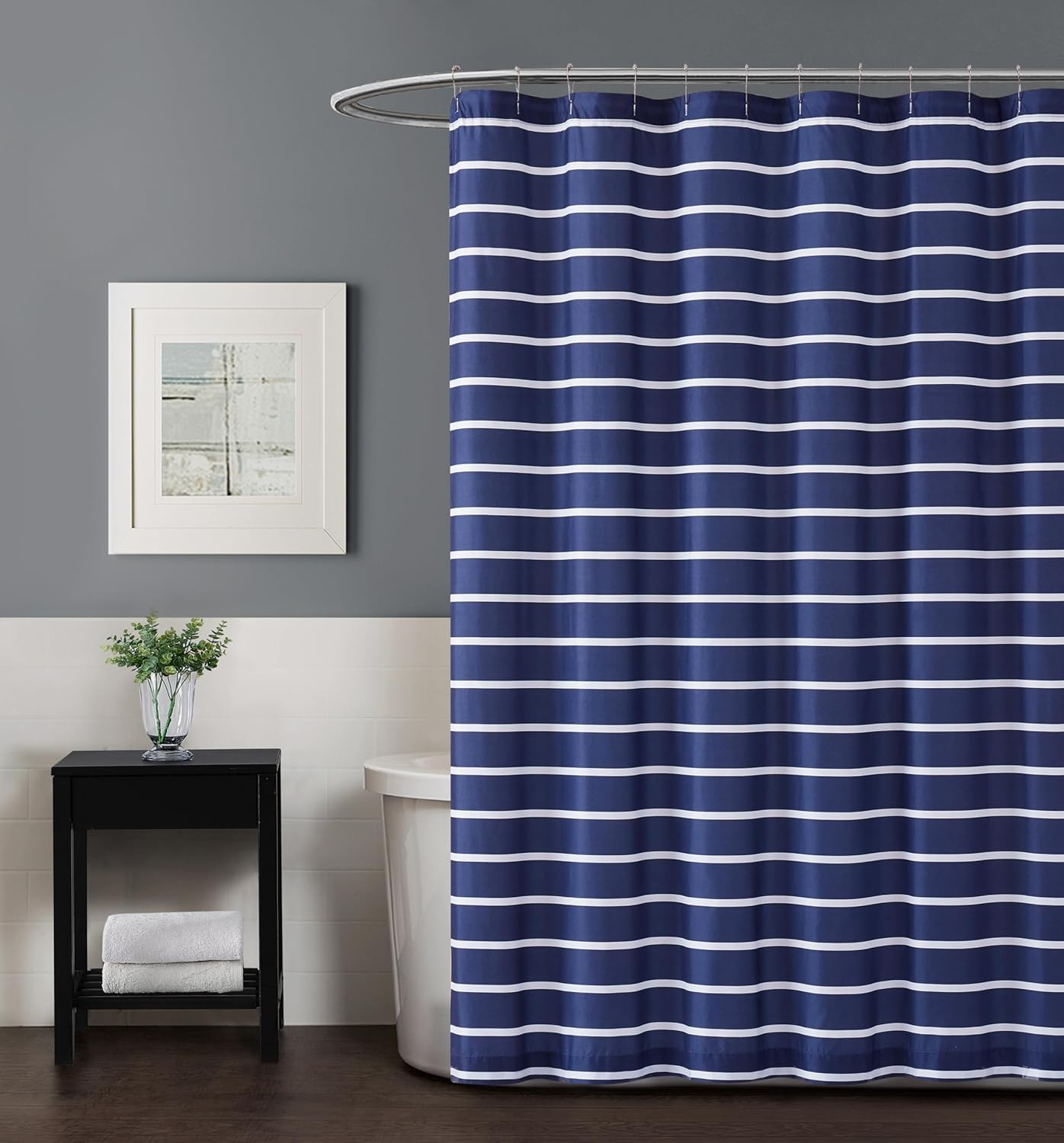Maddow Stripe Navy Polyester 1-Piece Shower Curtain Shower Curtain, Stripe Theme
