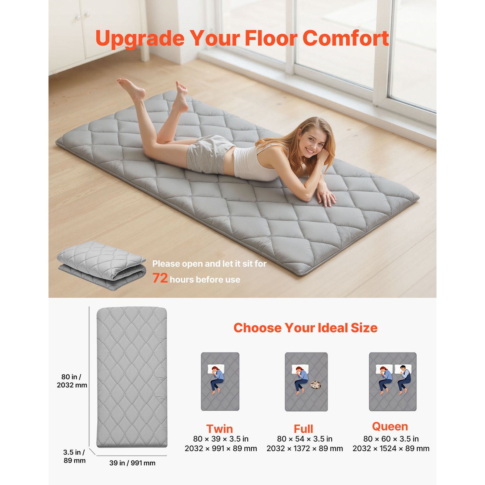 Uimoso Japanese Twin Tatami Mattress Foldable Futon with Storage Bag in Gray
