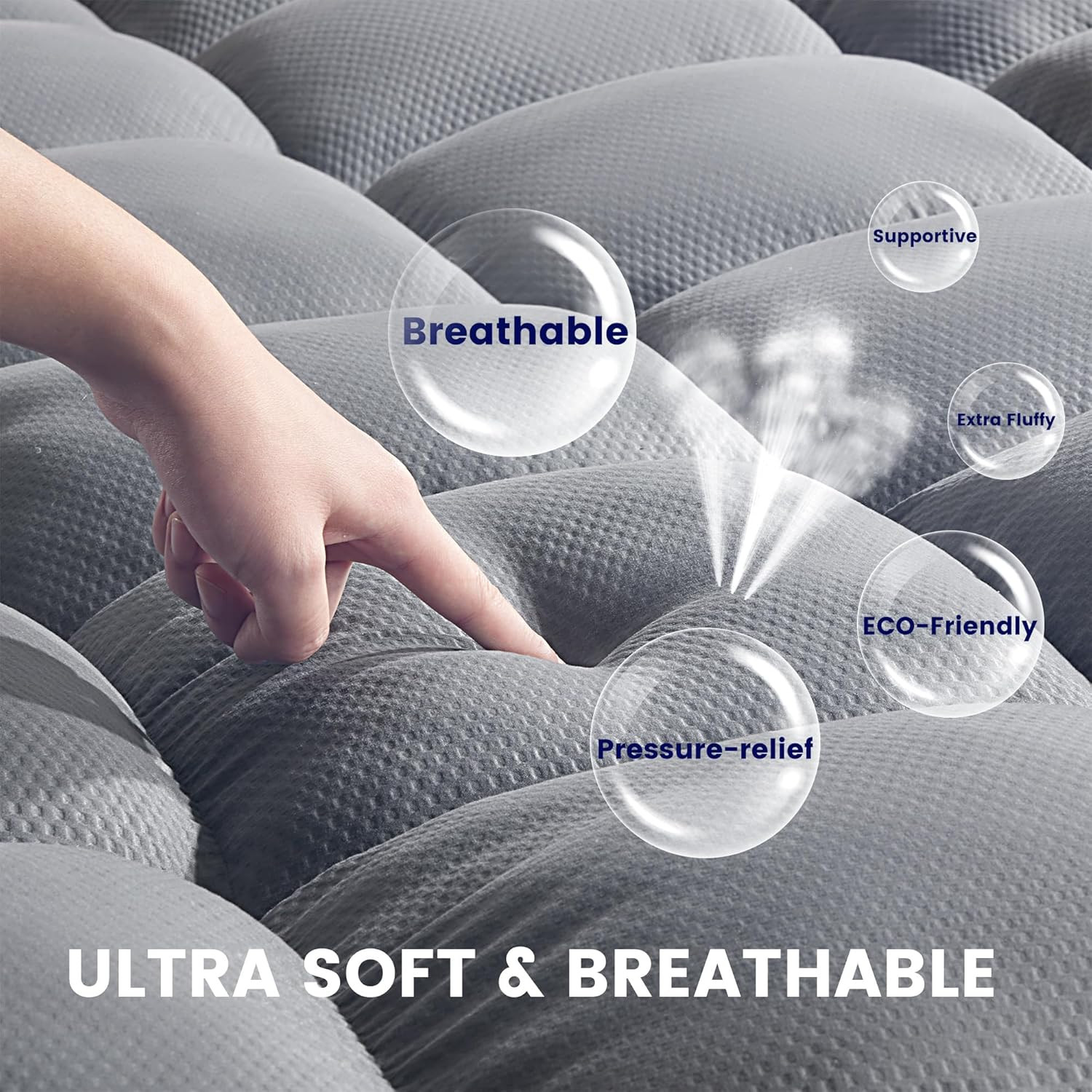 Breathable Twin Mattress Pad, Deep Pocket, Skin-Friendly, Machine Washable, Grey
