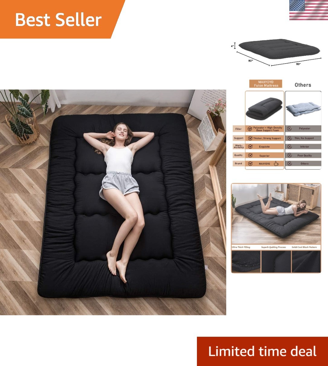 Japanese Floor Mattress Futon Mattress, 4″ Thicken Tatami Mat Sleeping Pad Fo…