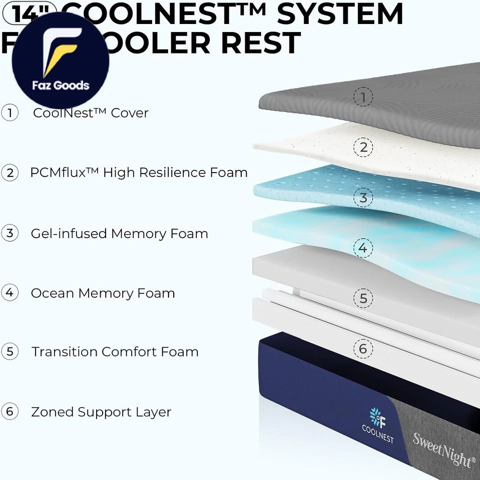 Coolnest 14 Inch King Size Mattress, Cooling King Memory Foam Mattress for Cool