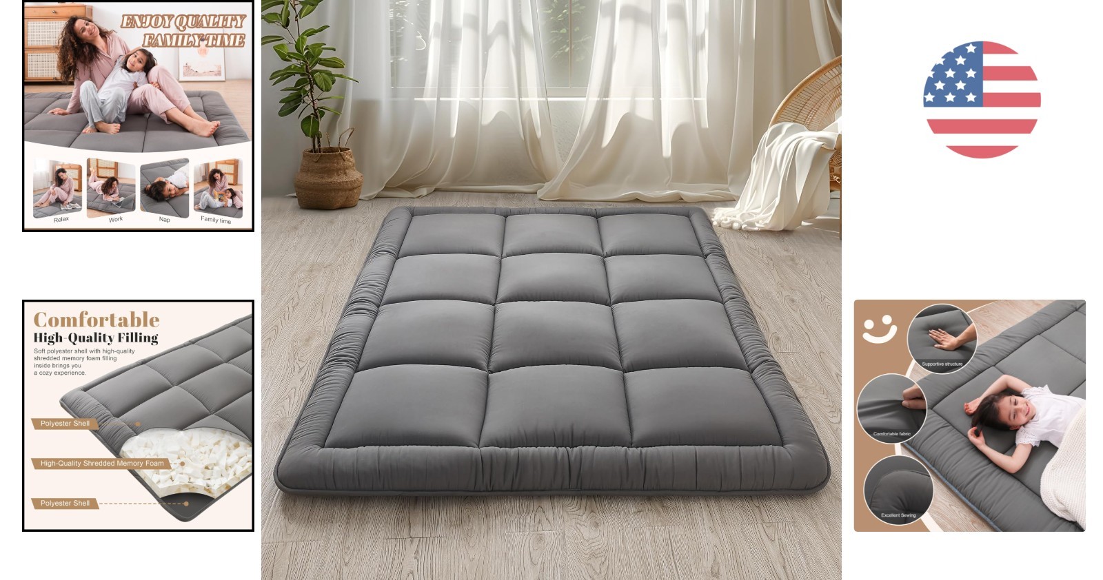 Versatile Japanese Tatami Futon Mattress – 3″ Grey, Ideal for Camping & Home