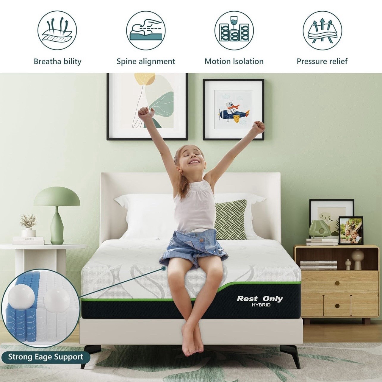 Rest Only Twin Medium Firm Hybrid Mattress, Pressure Relief, White/Black/Green