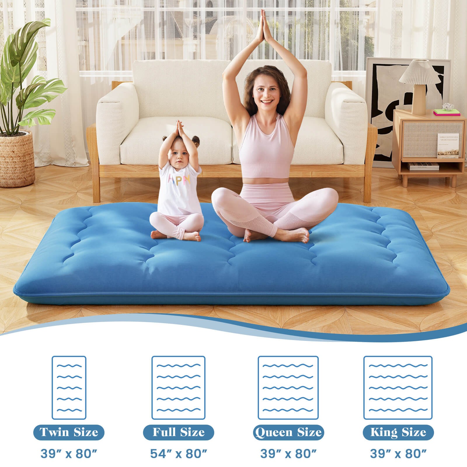 Full Futon Mattress Japanese Floor Sleeping Pad Washable Cover Carry Bag Blue