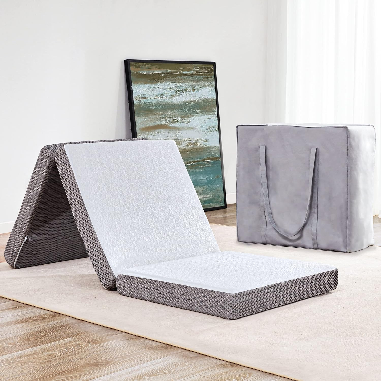 Foldable Mat 3.8 Inch Folding Mat Tri-Fold Gel Memory Foam Breathable with Stora