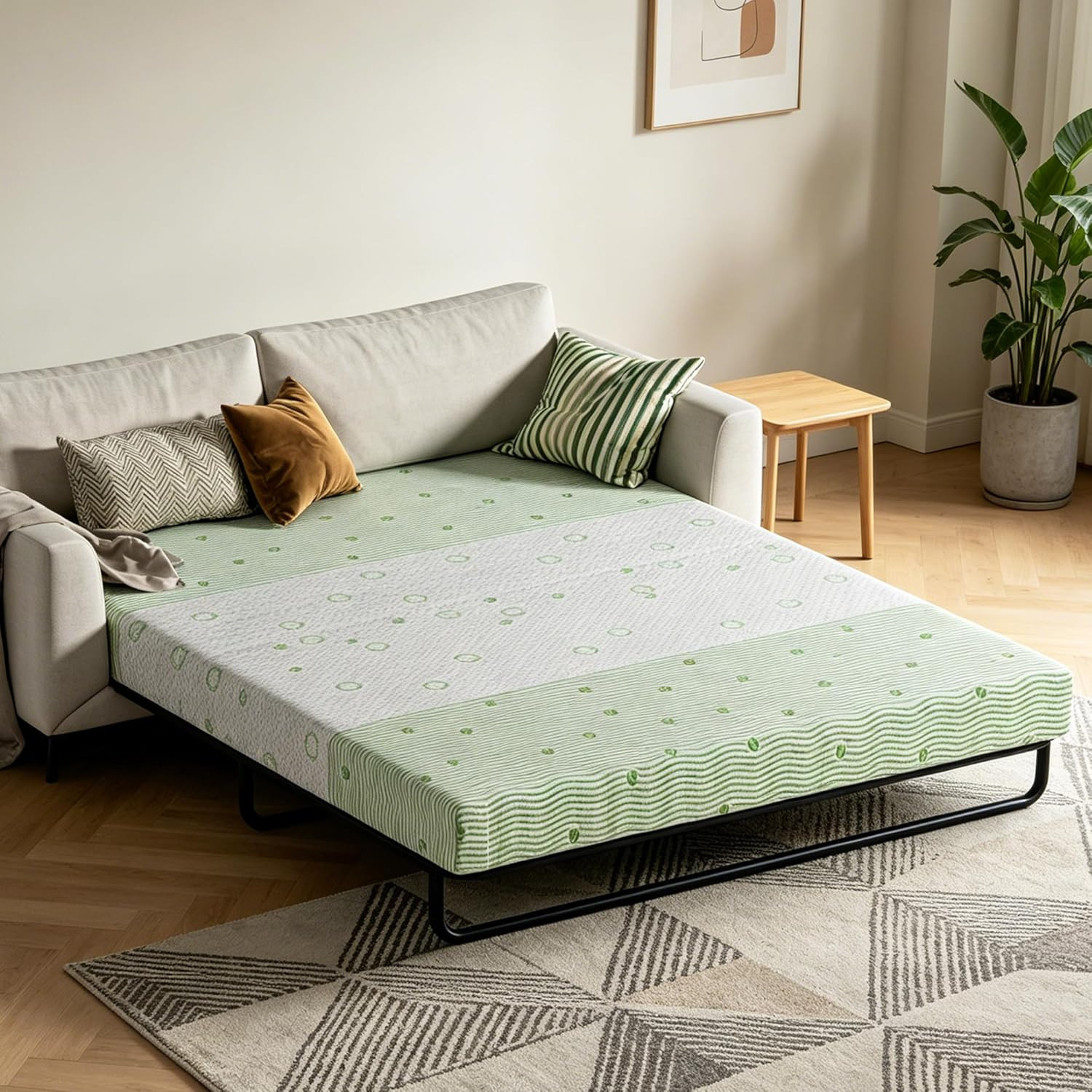 4 Inch Gel Memory Foam Sofa Mattress Queen Size – Light Green & White Foldable R