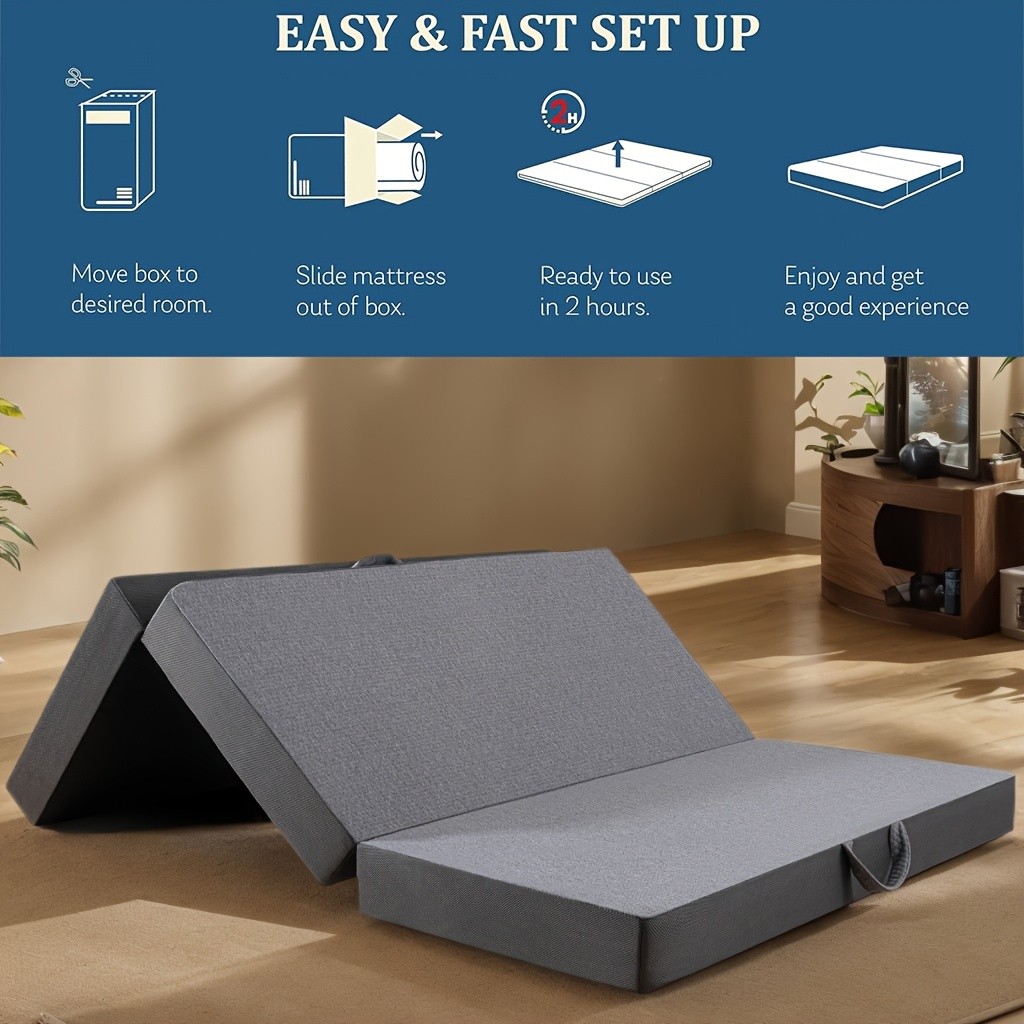 Folding Mattress 4/6in Tri-Fold Memory Foam Mattress Topper Washable Cover Queen