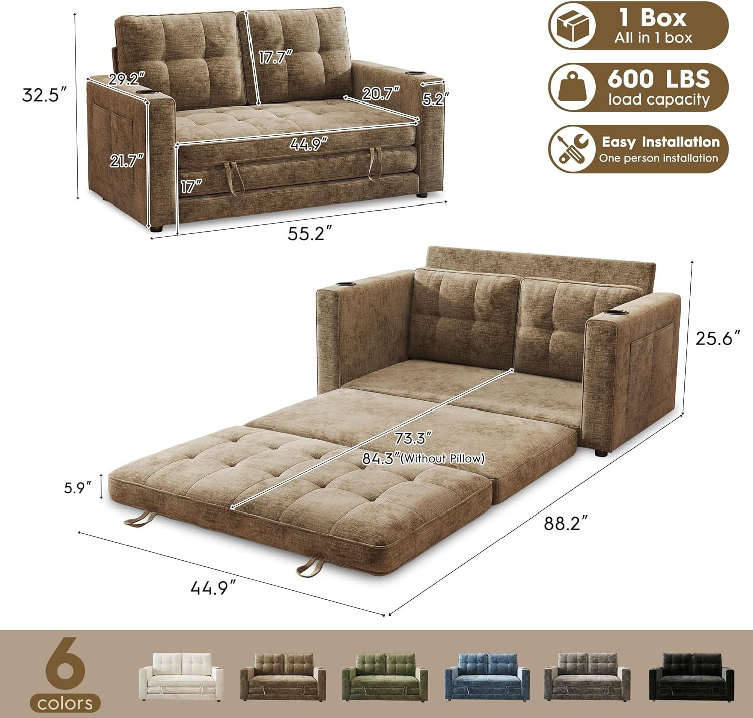 55″ Convertible Folding Sofa Bed, Pull Out Couch Love Seat Sleeper Bed,