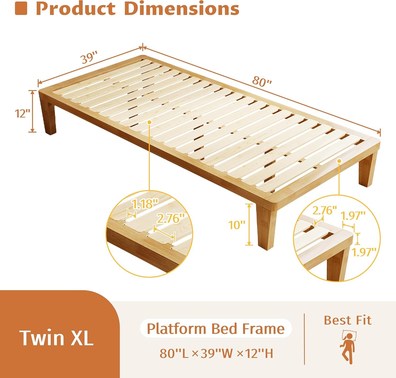 Twin-XL Platform Bed Fre – 12 Inch Solid Wood Mattr Foundat