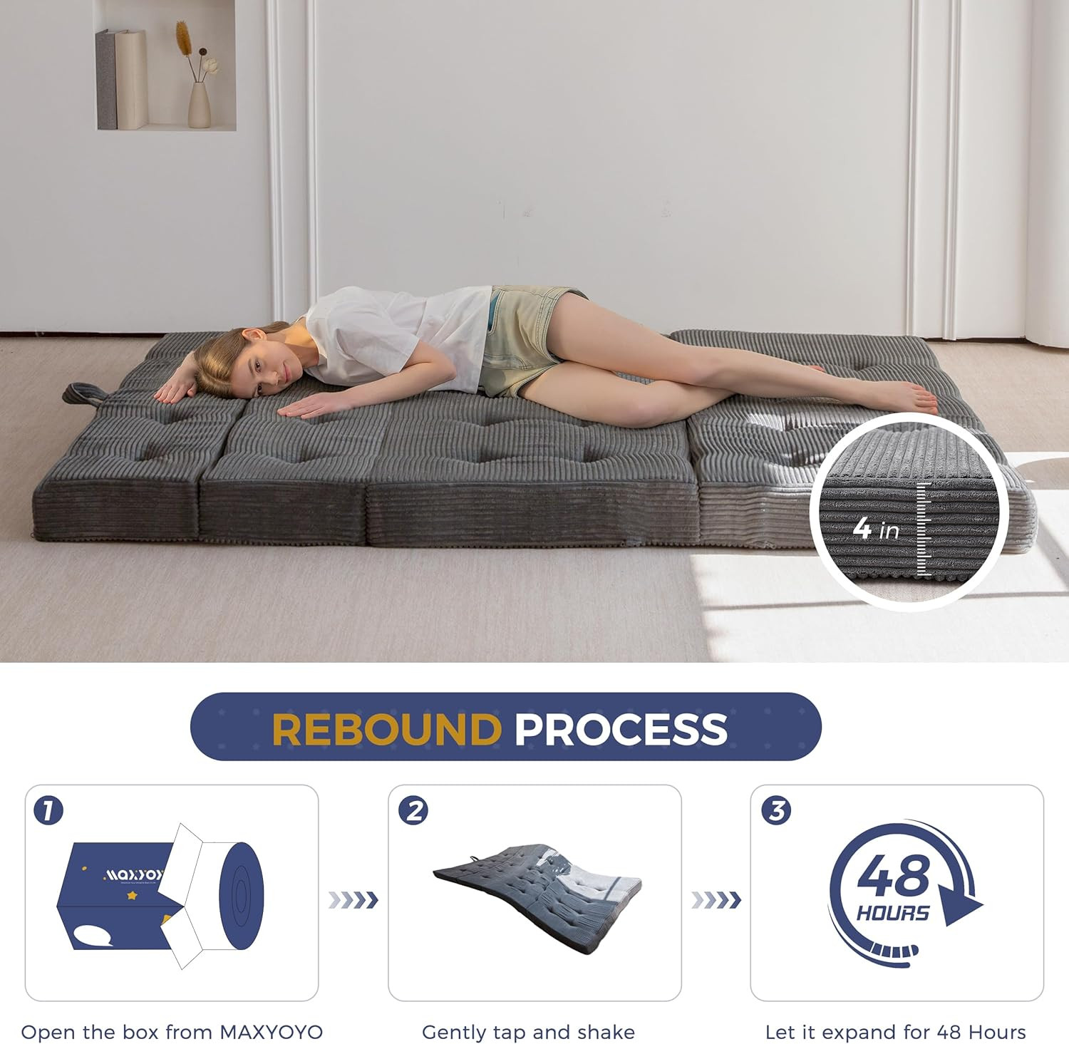 4-Inch Folding Mattress – Portable Tri-Fold Bed for Guests, Dark Grey
