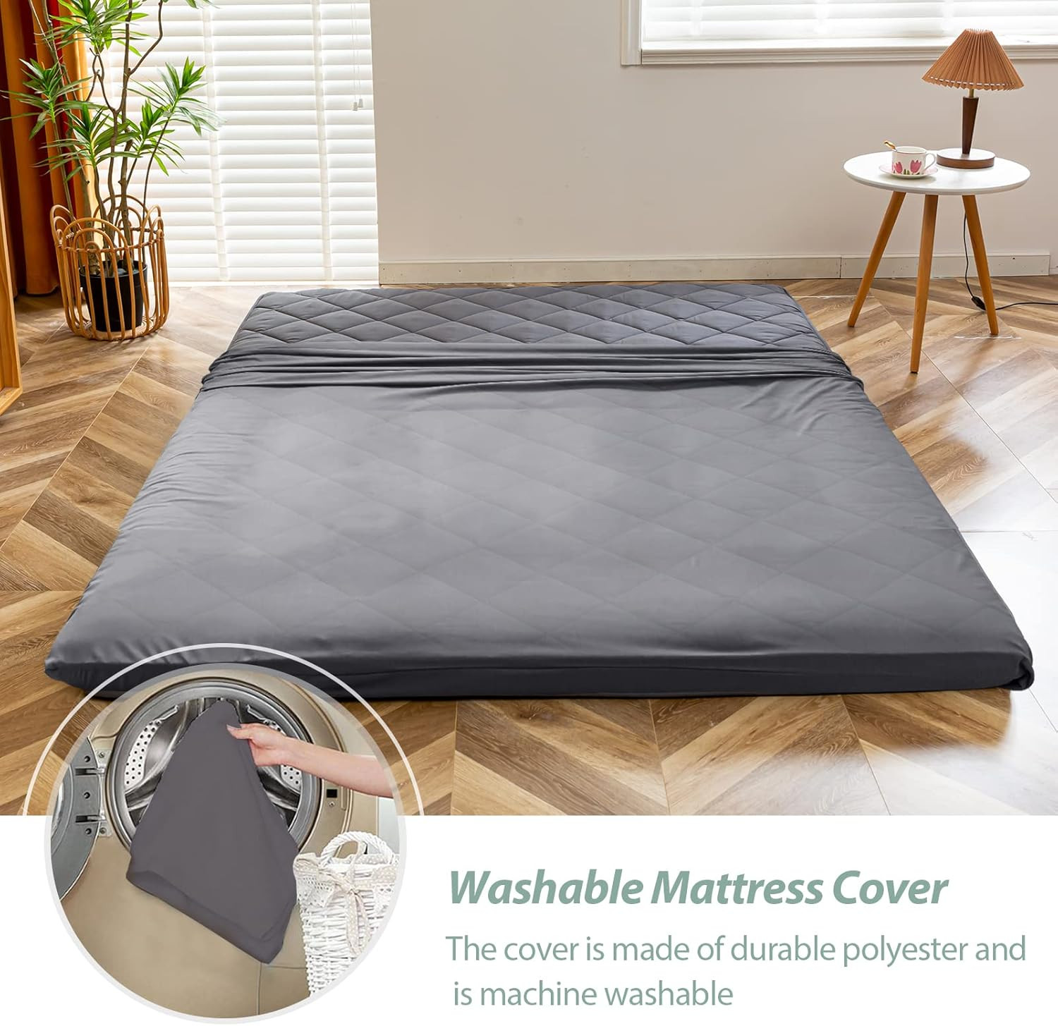King Size Japanese Floor Futon Mattress – Dark Grey Diamond Pattern, Roll Up Des