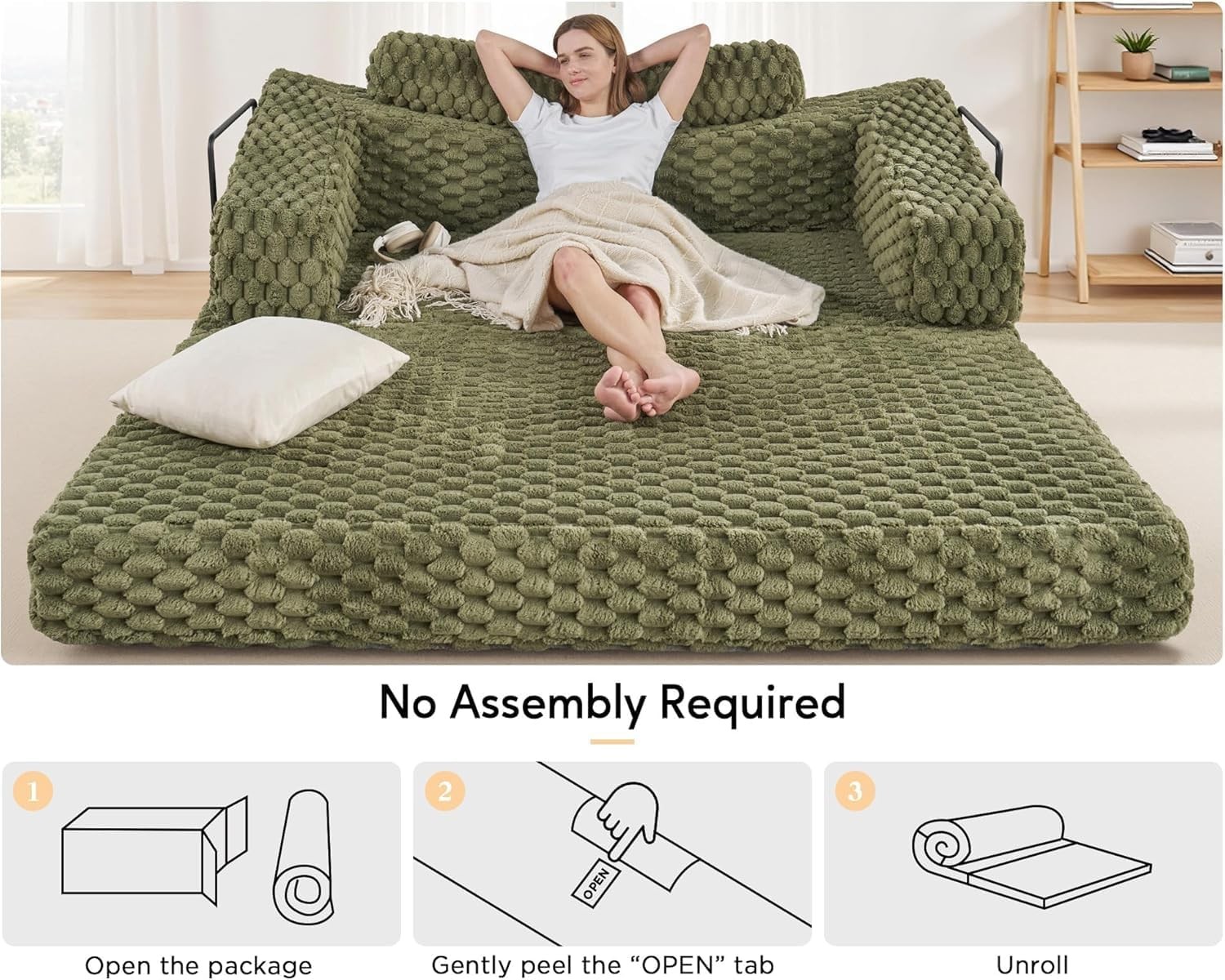 Futon Sofa Bed, Convertible Futon Couch with Plush Faux Fur, No