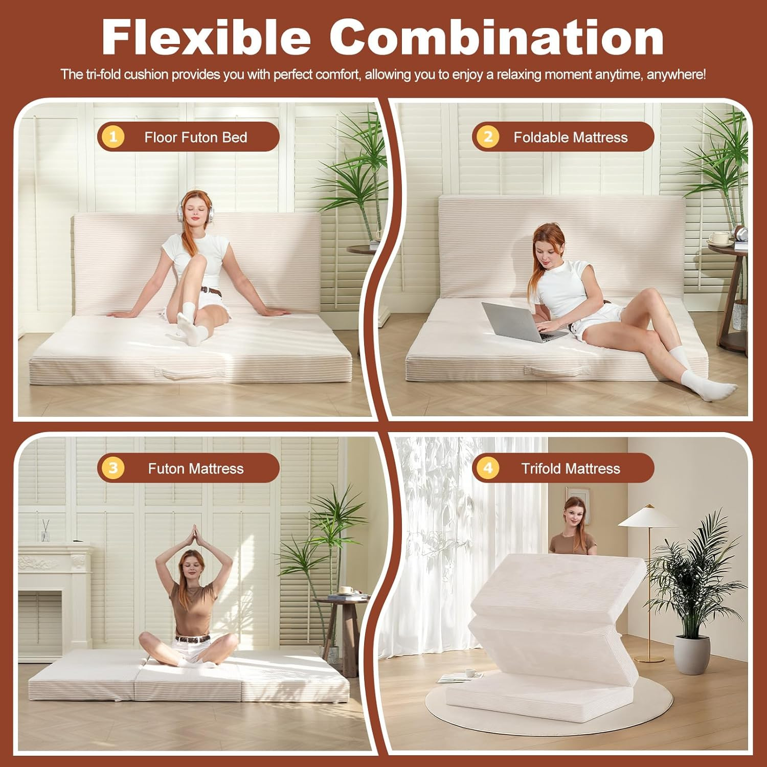 6-Inch Tri-Fold Foldable Mattress, Folding Sofa Bed with Removable Washable Cove