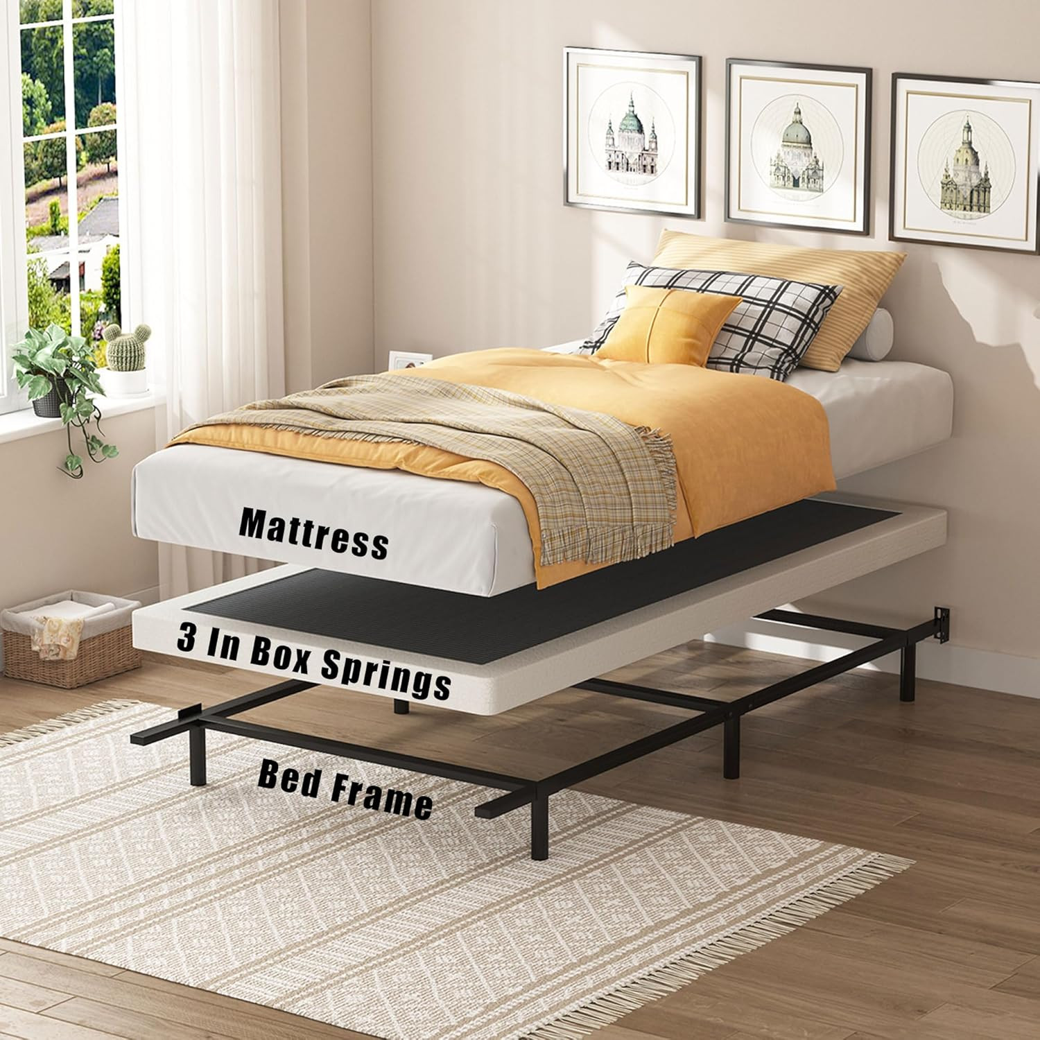 Low Profile Twin Box Spring – 3 Inch Heavy Duty Metal Bed Base with Cover
