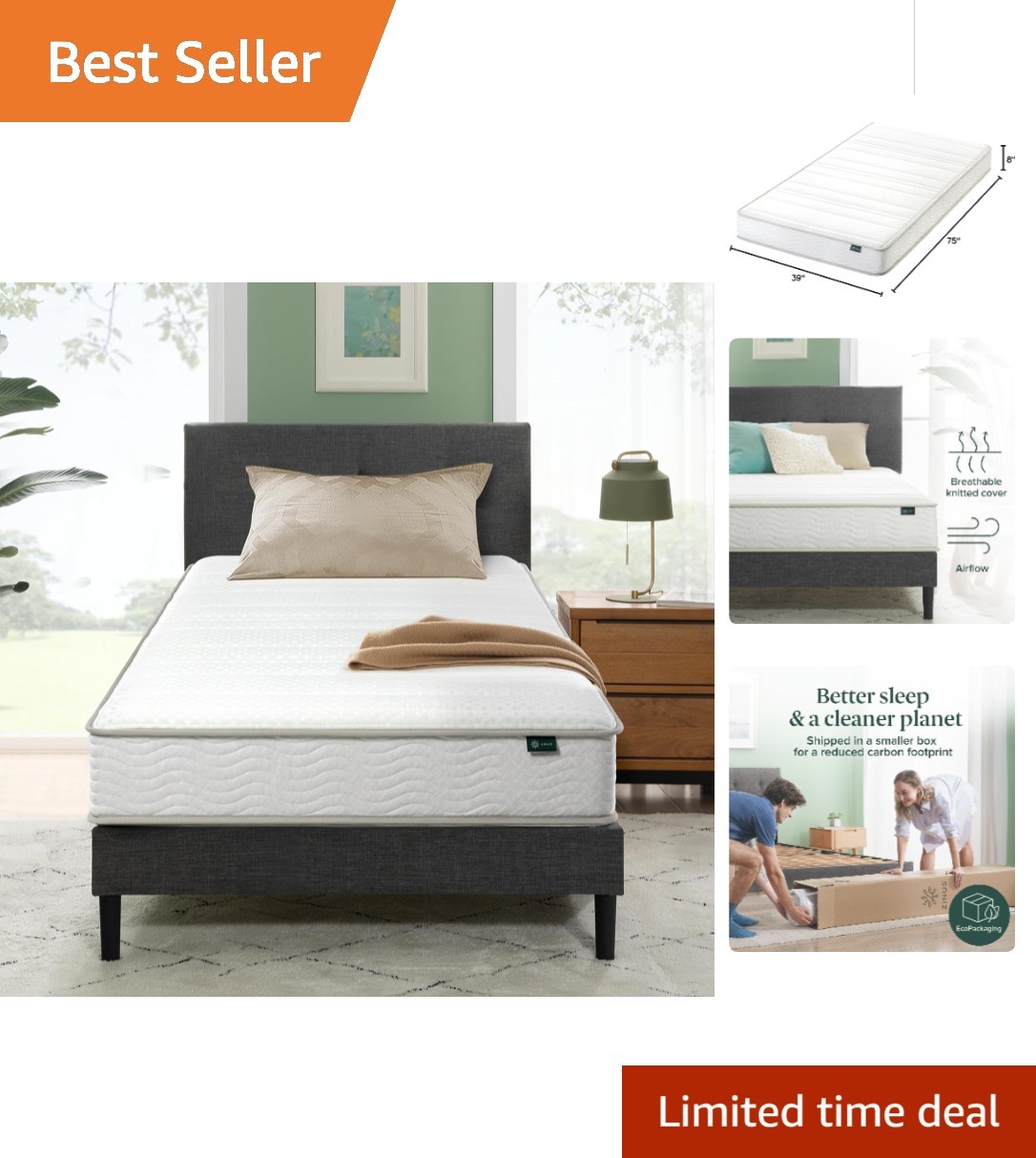 8-Inch Twin Foam & Spring Hybrid Mattress – Medium Firm, Fiberglass Free – White