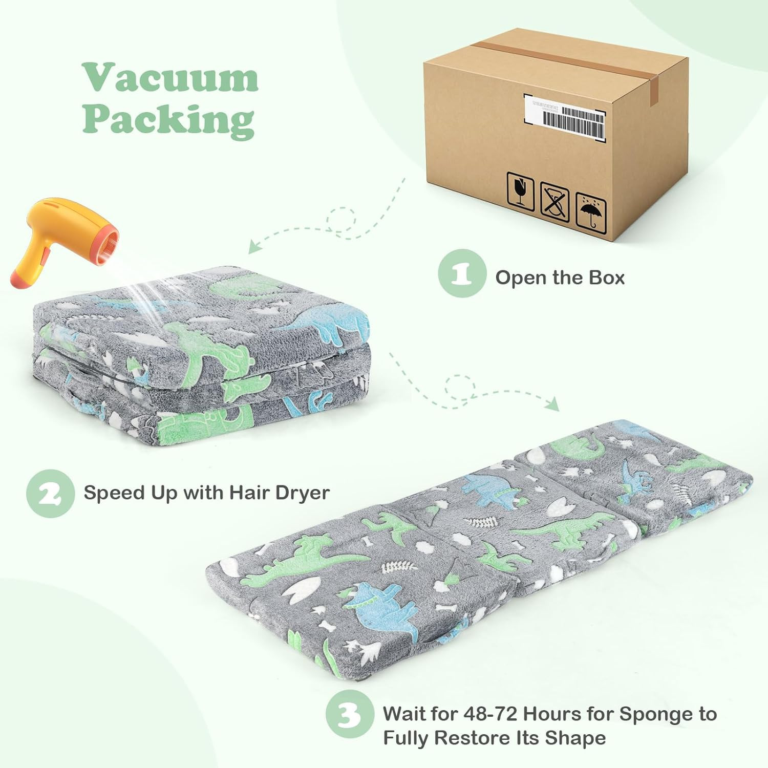 Glow in Dark Foldable Kids Floor Mattress with Washable Cover & Storage Bag