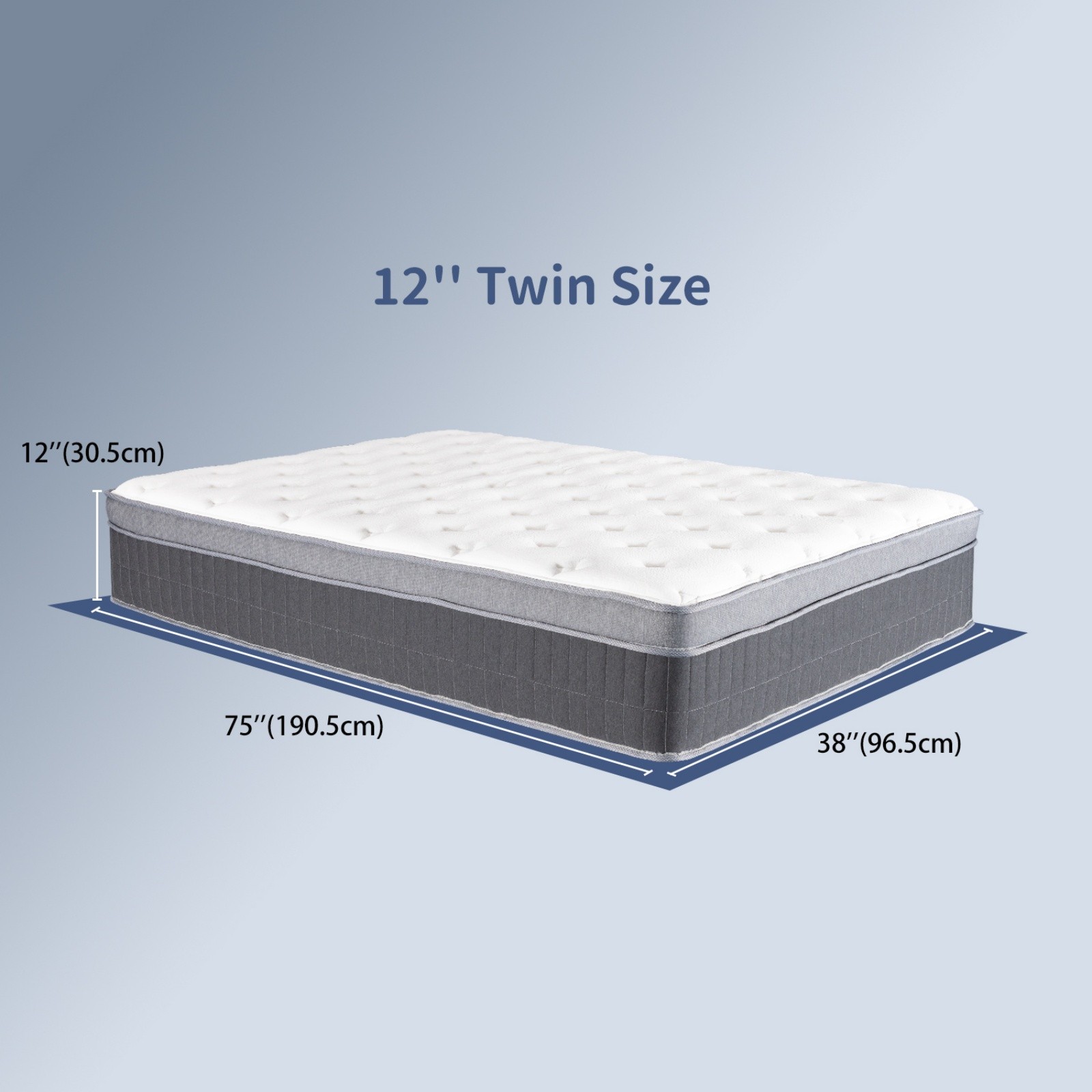Twin Hybrid Mattress 12″ – Memory Foam Medium Firm Breathable Gray Trim