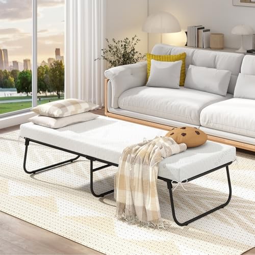 Folding Bed with Mattress, 75″ x 31″ Rollaway Guest Bed with Memory Foam &