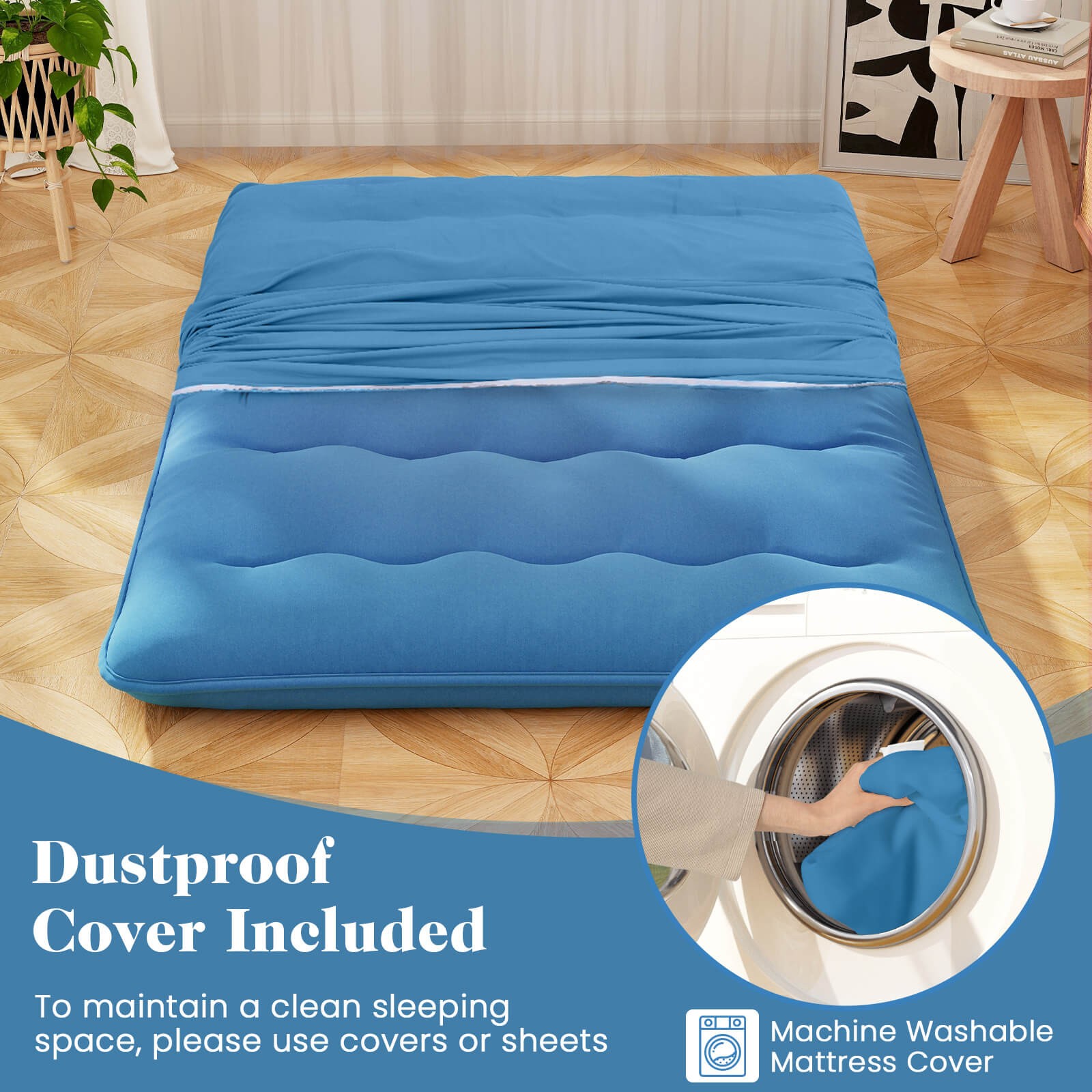 Full Futon Mattress Japanese Floor Sleeping Pad Washable Cover Carry Bag Blue