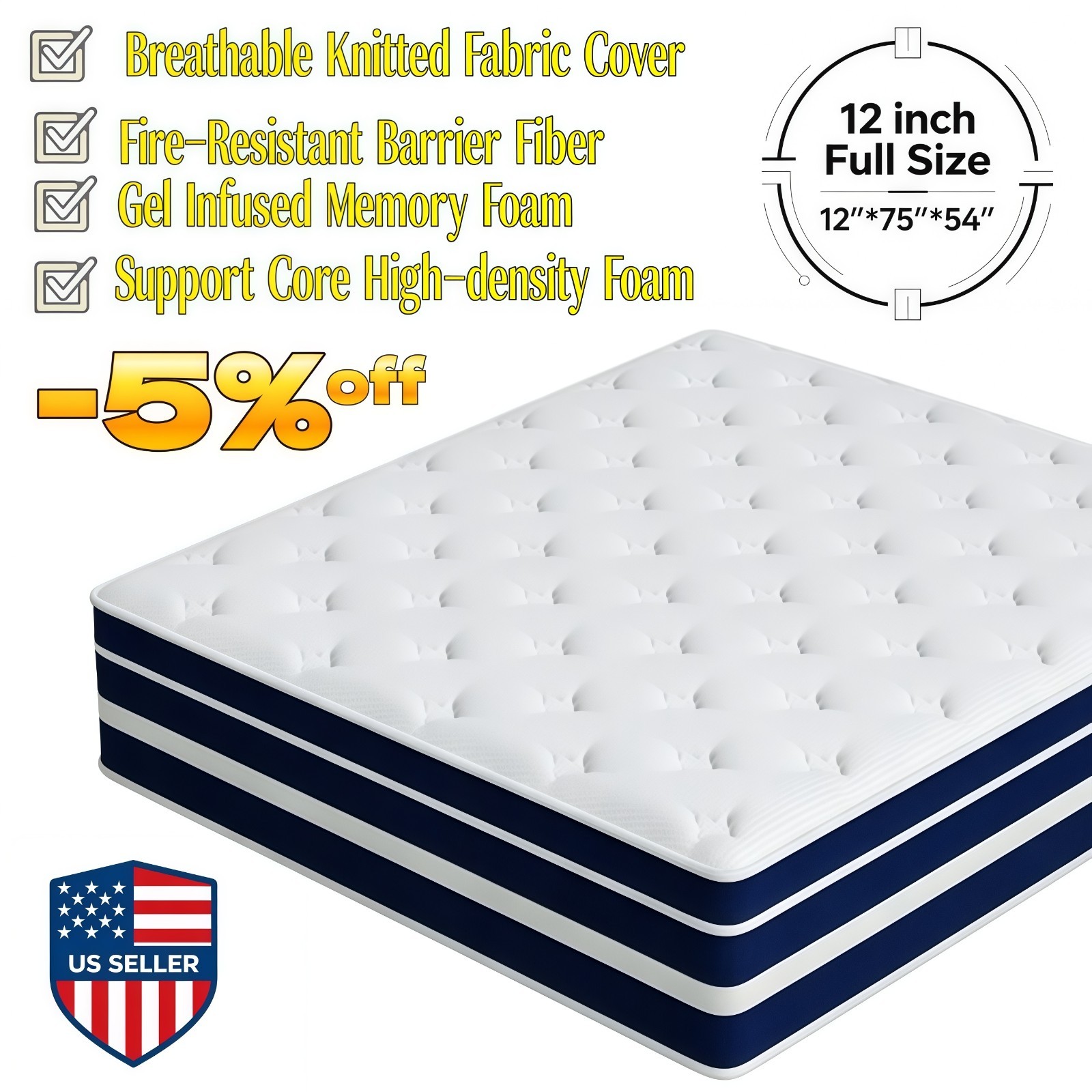 12 in Gel Memory Foam & Spring Hybrid Mattress Breathable FULL Bed In a Box Blue