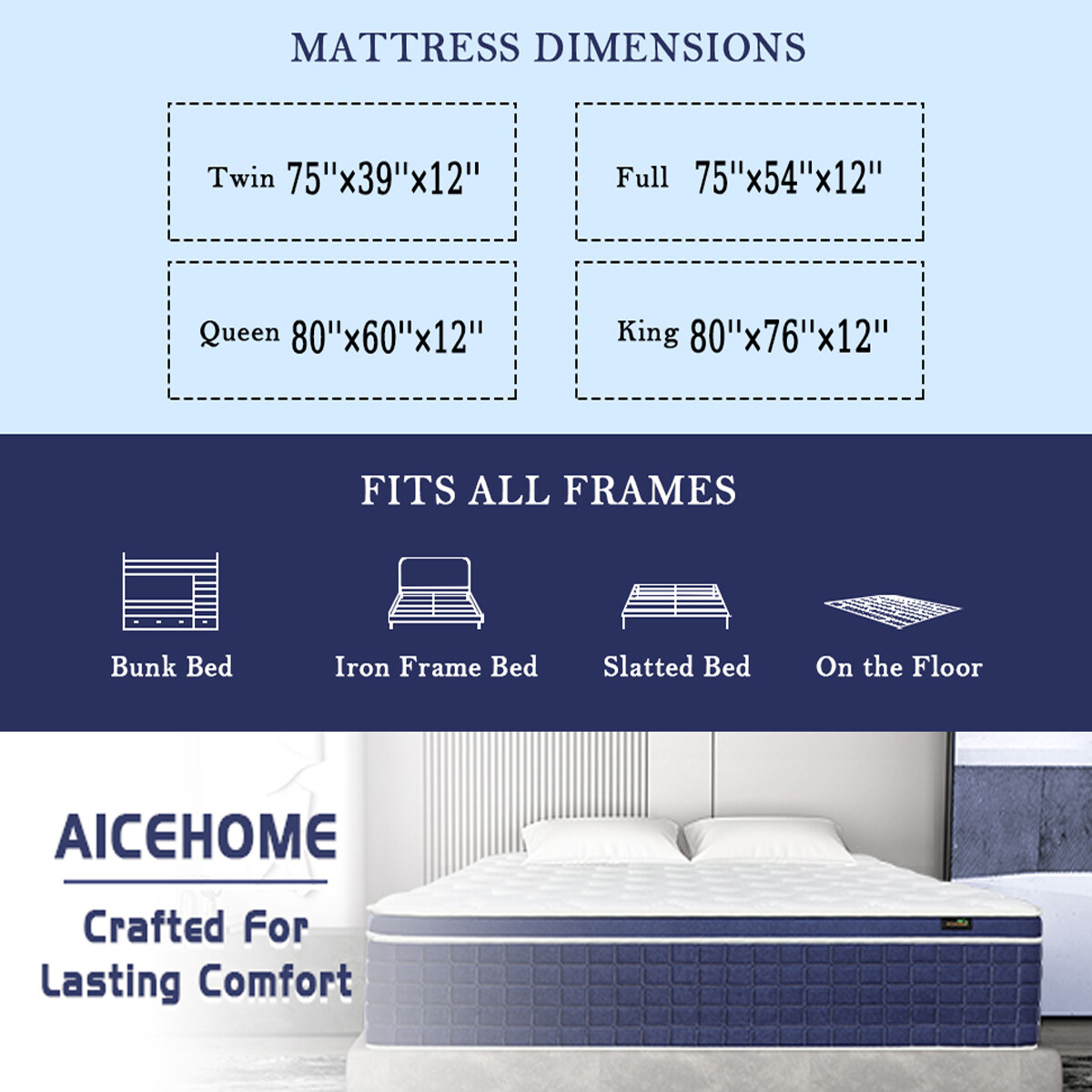 12″ Pocket Spring Mattress Twin Full Queen King Size Hybrid Mattresses Furniture
