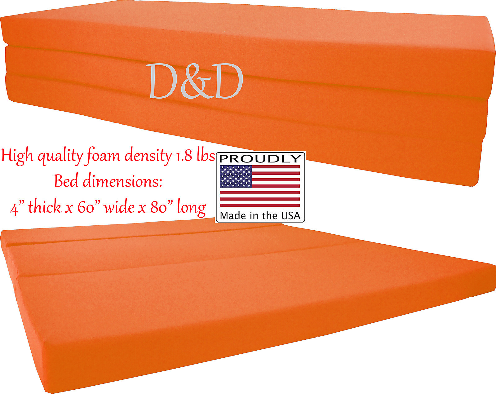 Queen Size 4x60x80 Shikibuton Trifold Foam Bed, Foam Density 1.8 lbs Orange