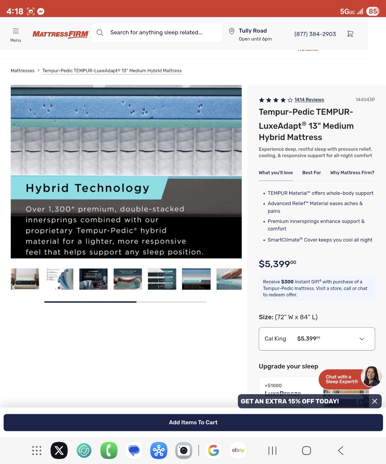 TempurPedic NEW LUXE ADAPT HYBRID 2.0 CaliKING MATTRESS CLEARANCE FAST SHIPPING