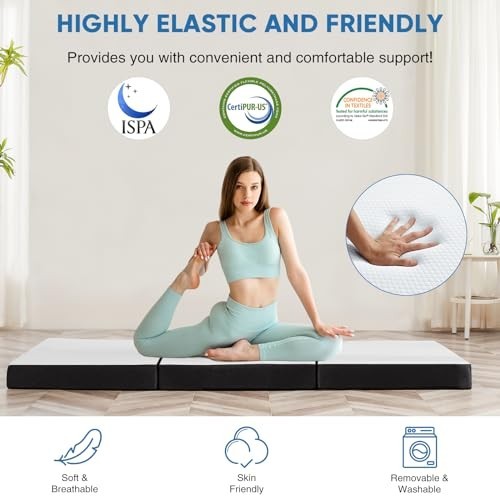 Tri-Fold Memory Foam Mattress 3″ Twin Size Portable Bed, Washable Cover, Travel