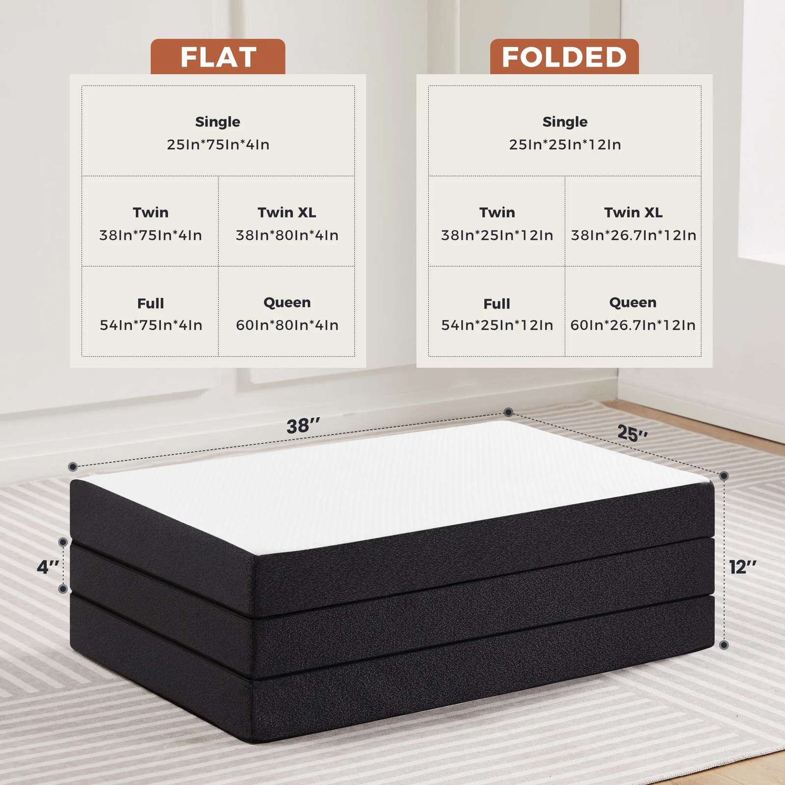 4 Inch Twin Size Tri-Fold Memory Foam Mattress, Portable Foldable Floor Bed with