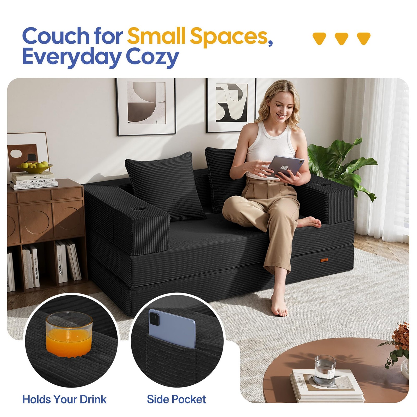 COMAX Futon Sofa Bed, 4‑in‑1 Convertible L-Shaped Loveseat, Black