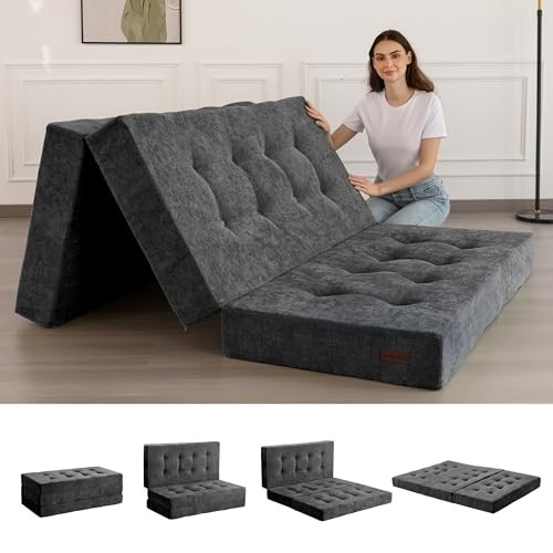 Tri-Fold Mattress, 6 Inch Tufted Folding Mattress with Chenille Full Dark Grey
