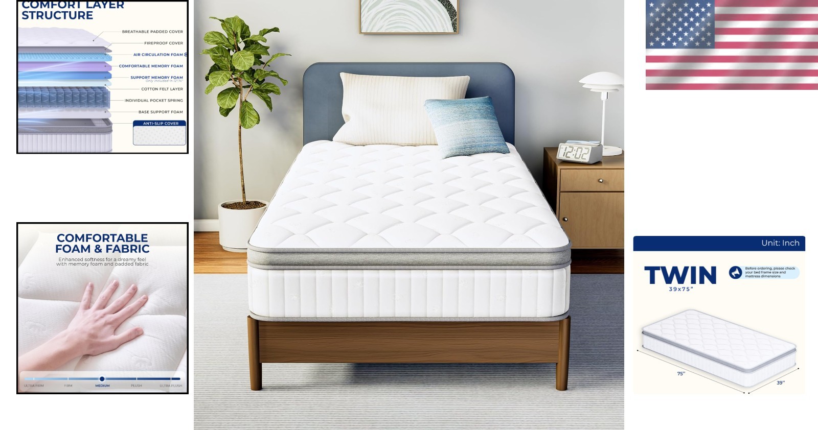 Twin Hybrid Mattress 12″ Gel Memory Foam Pocket Springs Pressure Relief