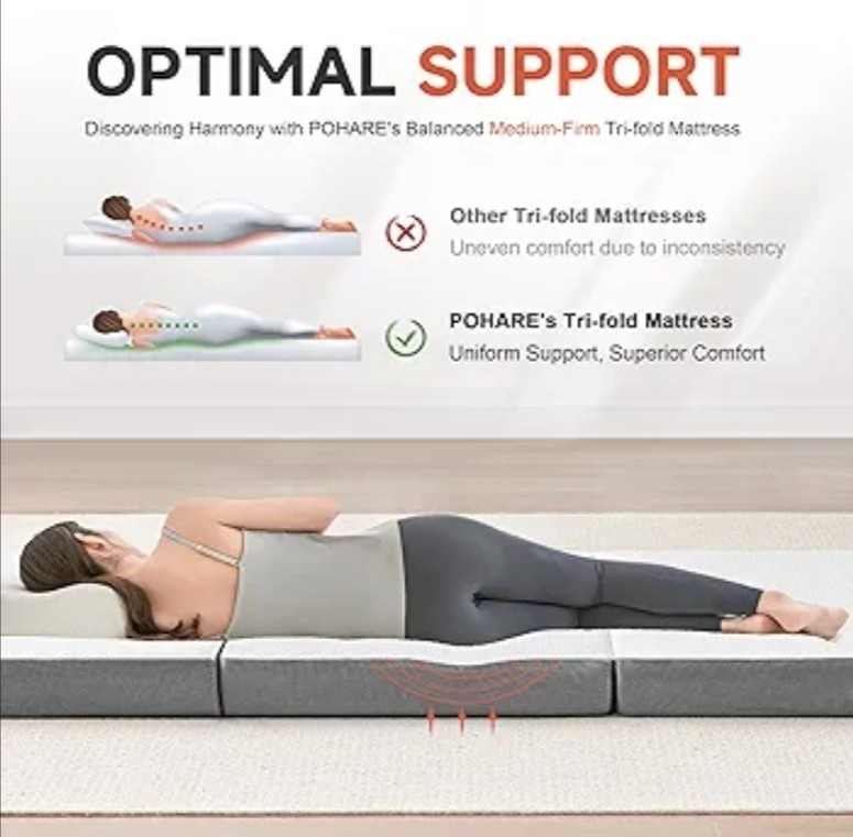 Tri Folding Mattress Twin 4 Inch, Memory Foam Foldable Mattress Topper T2