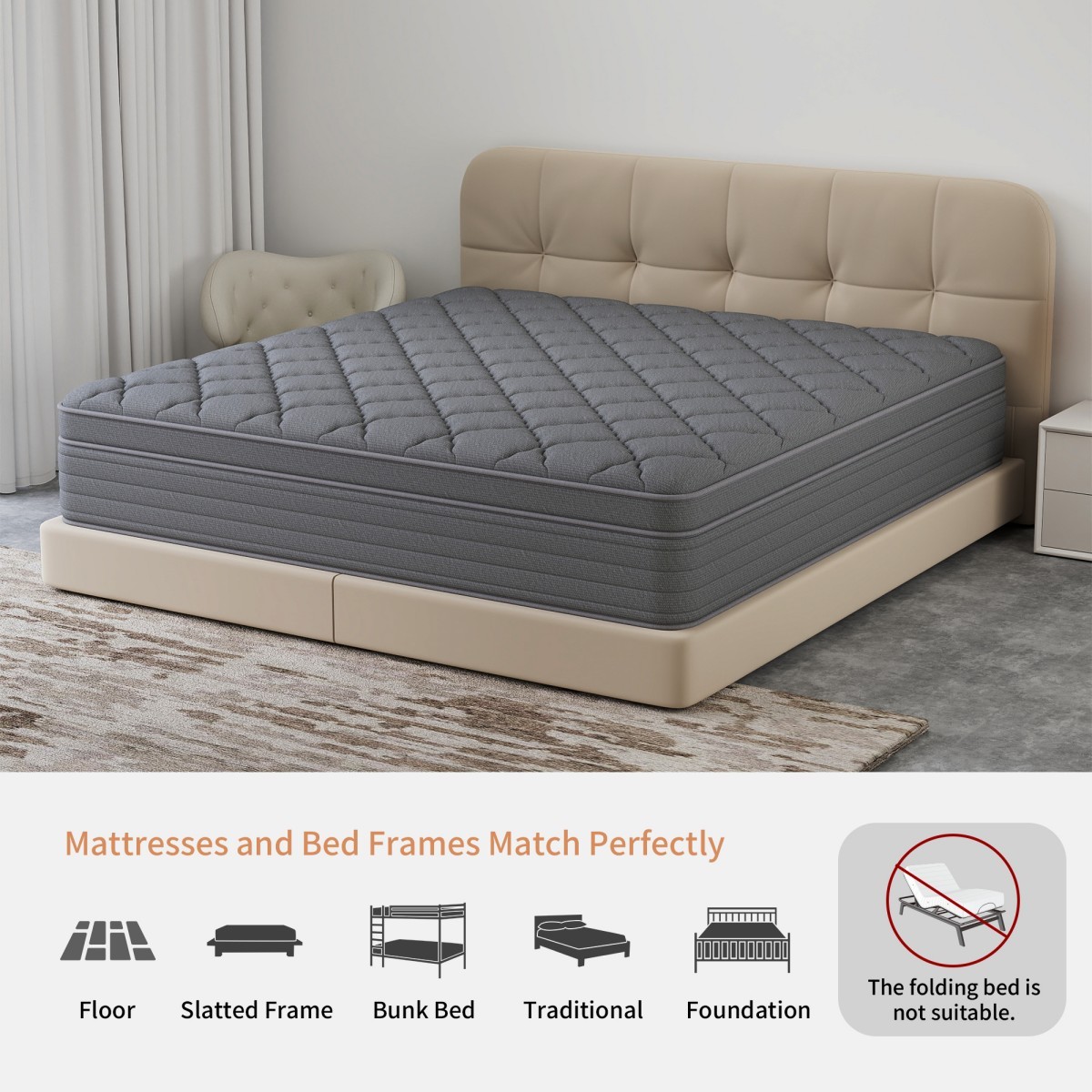 12″14″ Gel Memory Foam Hybrid Spring Mattress In A Box Twin Full Queen King Gray